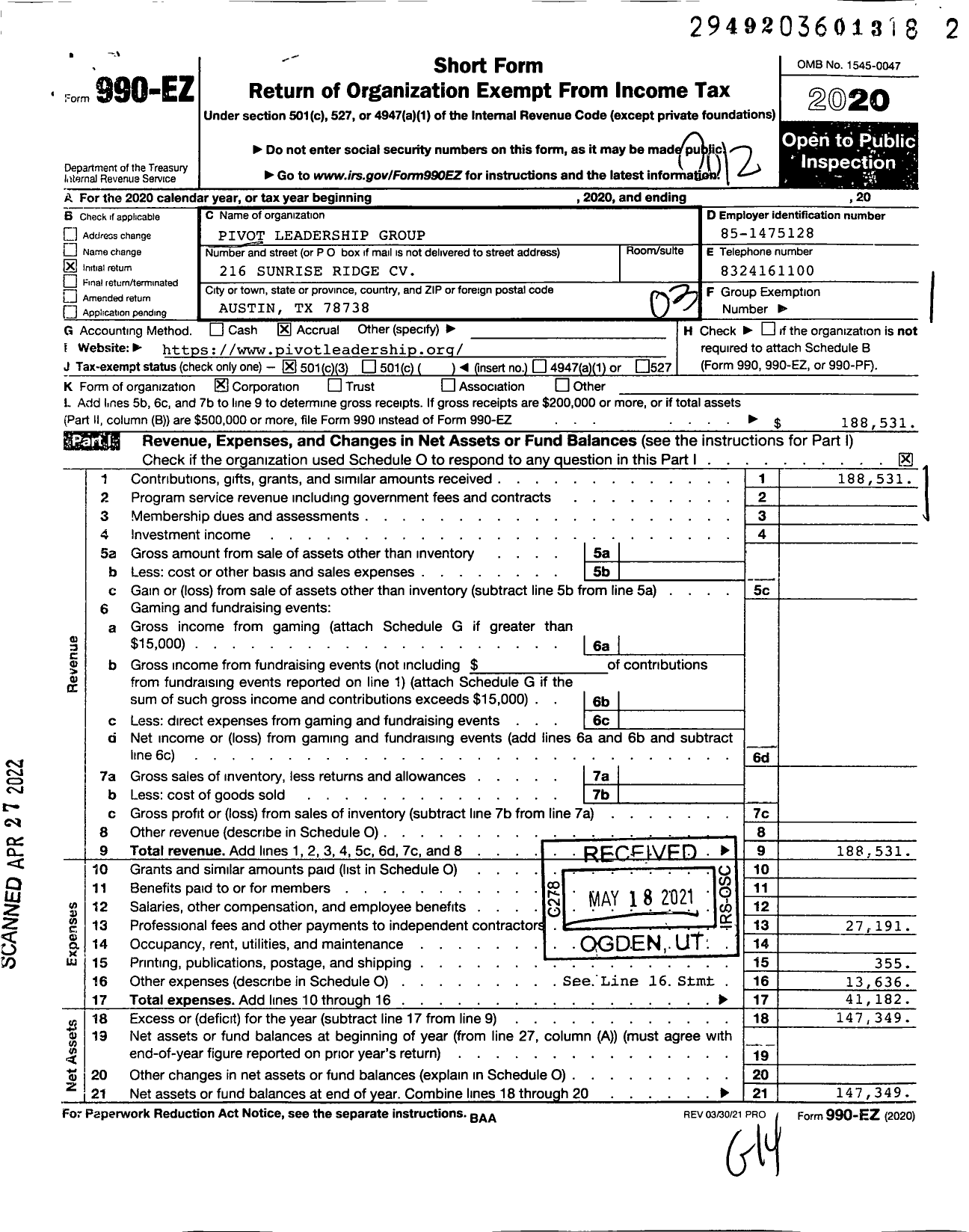 Image of first page of 2020 Form 990EZ for Austin Center for Faith and Work