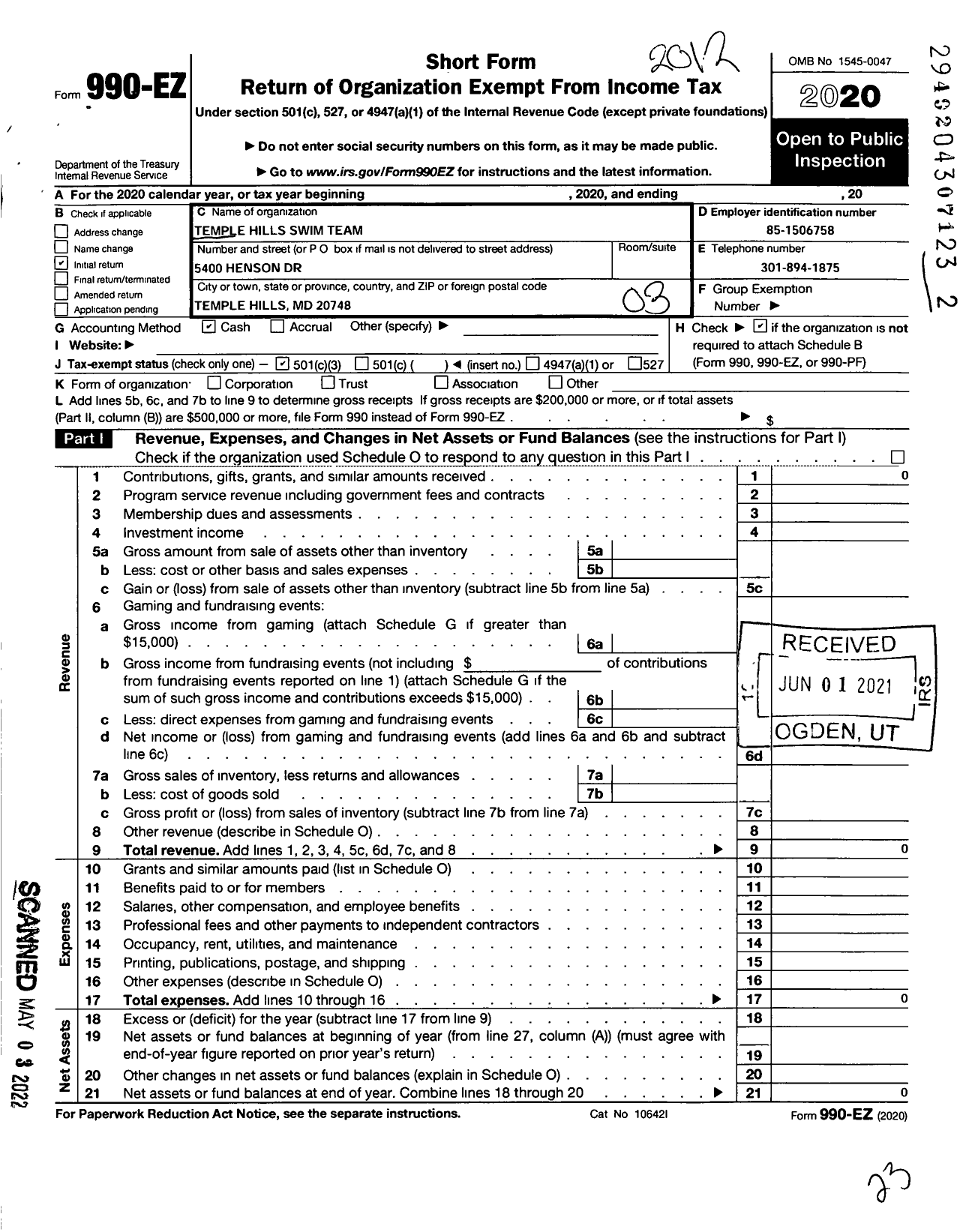 Image of first page of 2020 Form 990EZ for Temple Hills Swim Team