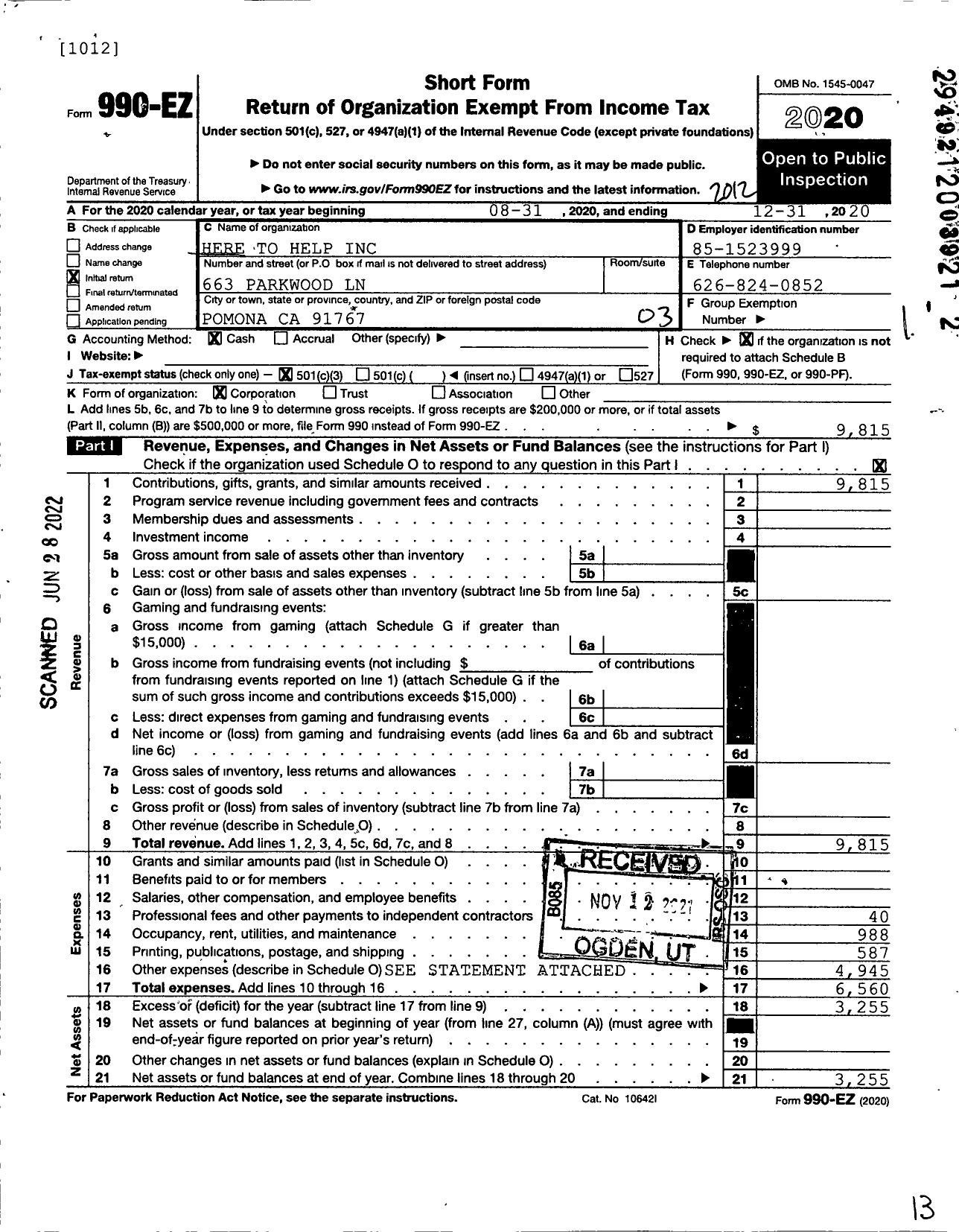 Image of first page of 2020 Form 990EZ for Here To Help