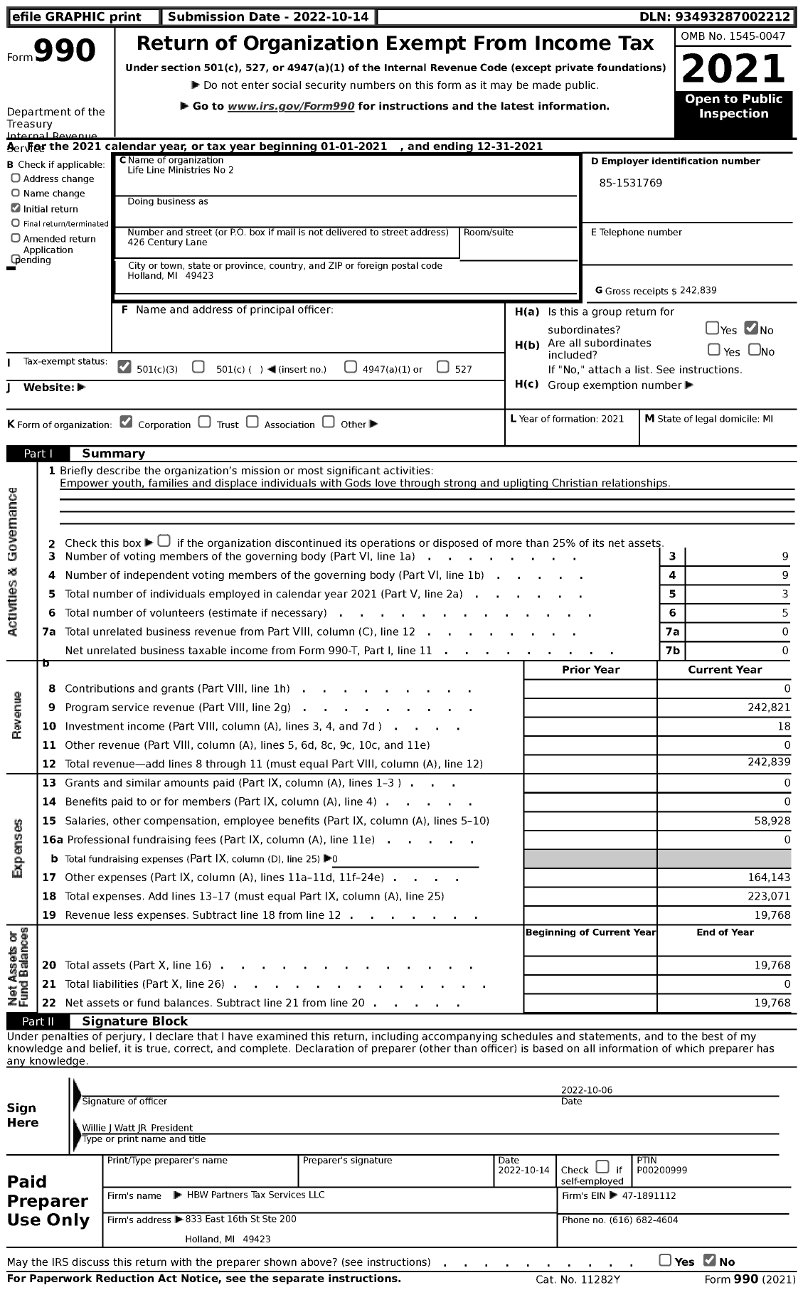 Image of first page of 2021 Form 990 for Life Line Ministries No 2