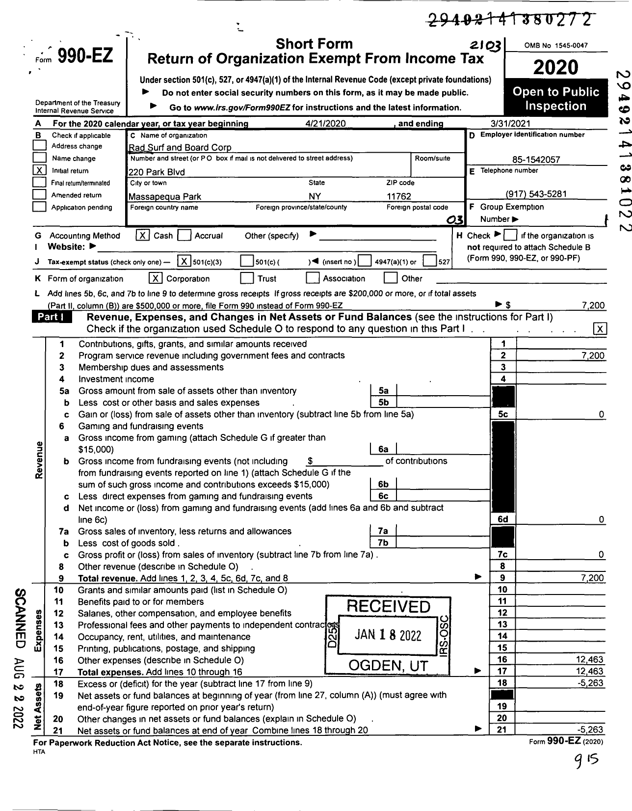 Image of first page of 2020 Form 990EZ for Rad Surf and Board Corporation