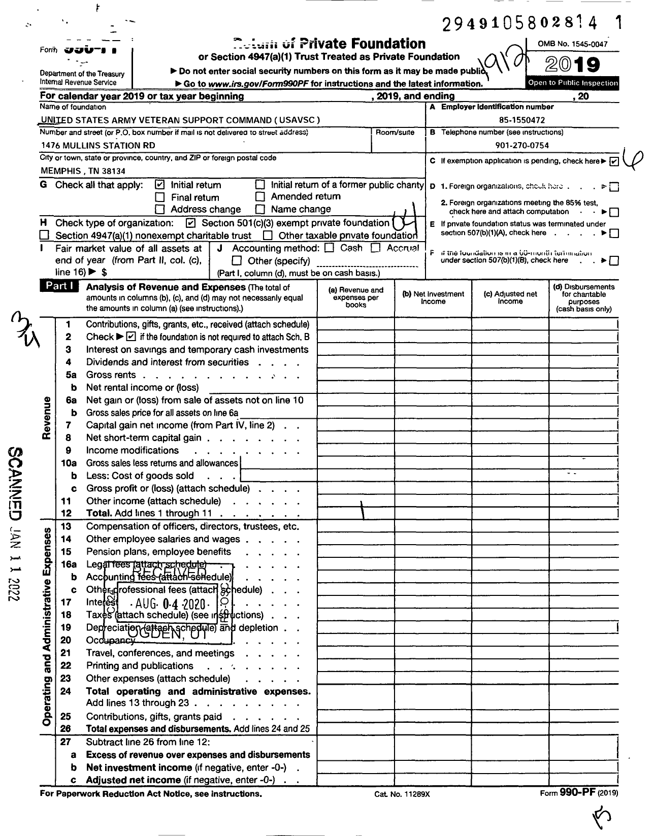 Image of first page of 2019 Form 990PF for United States Army Veterans Support Command (USAVSC)