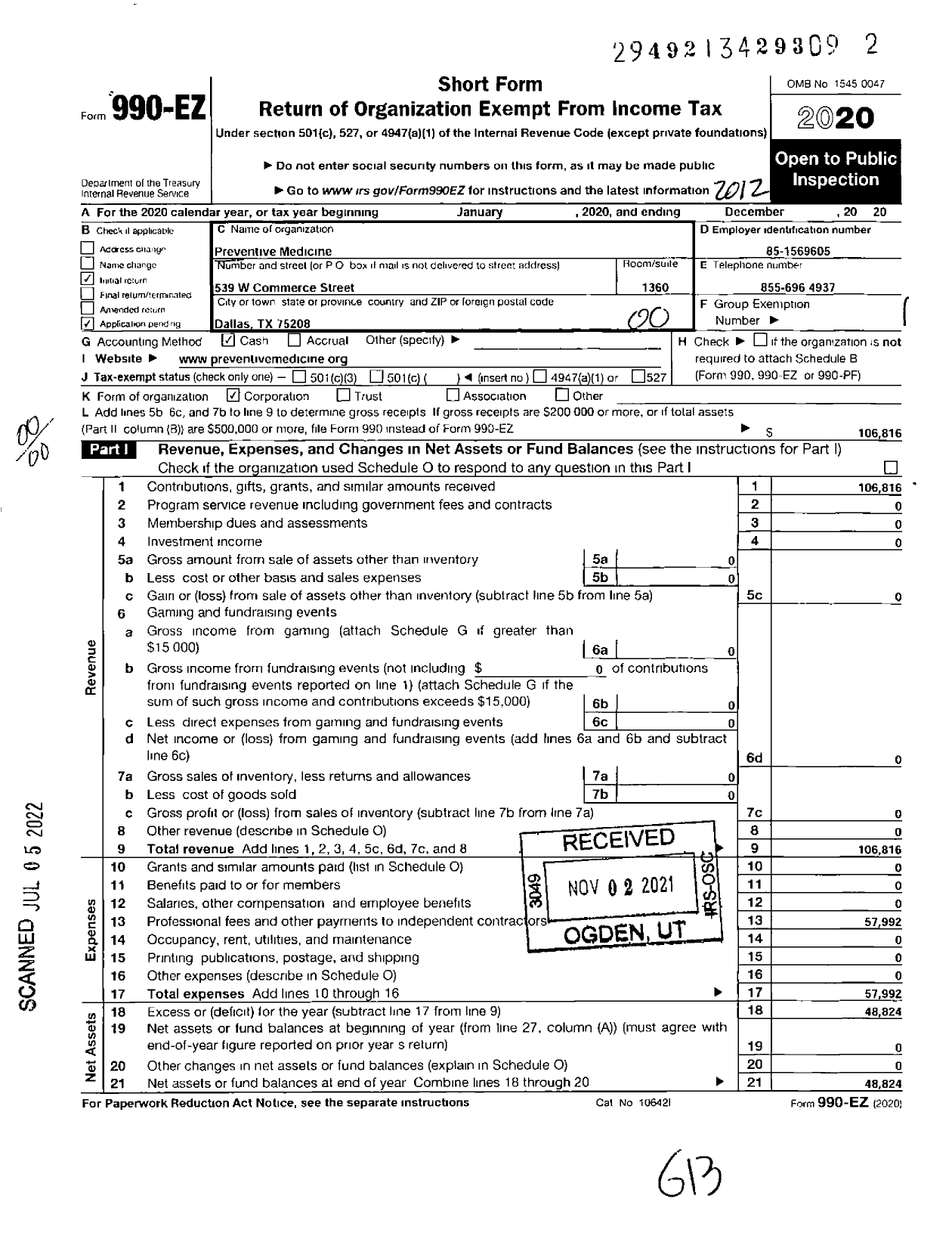 Image of first page of 2020 Form 990EO for Preventive Medicine