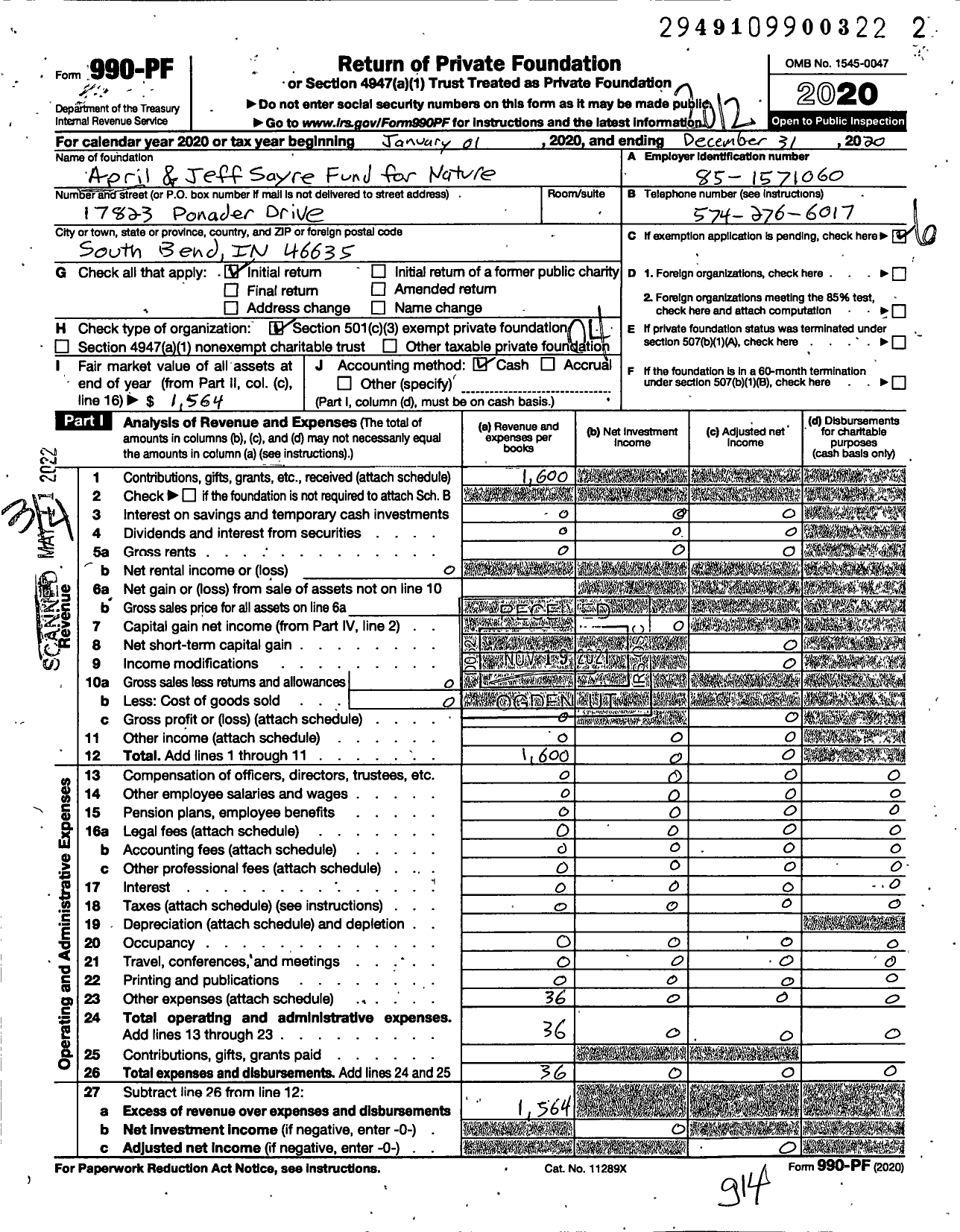 Image of first page of 2020 Form 990PF for April and Jeff Sayre Fund for Nature