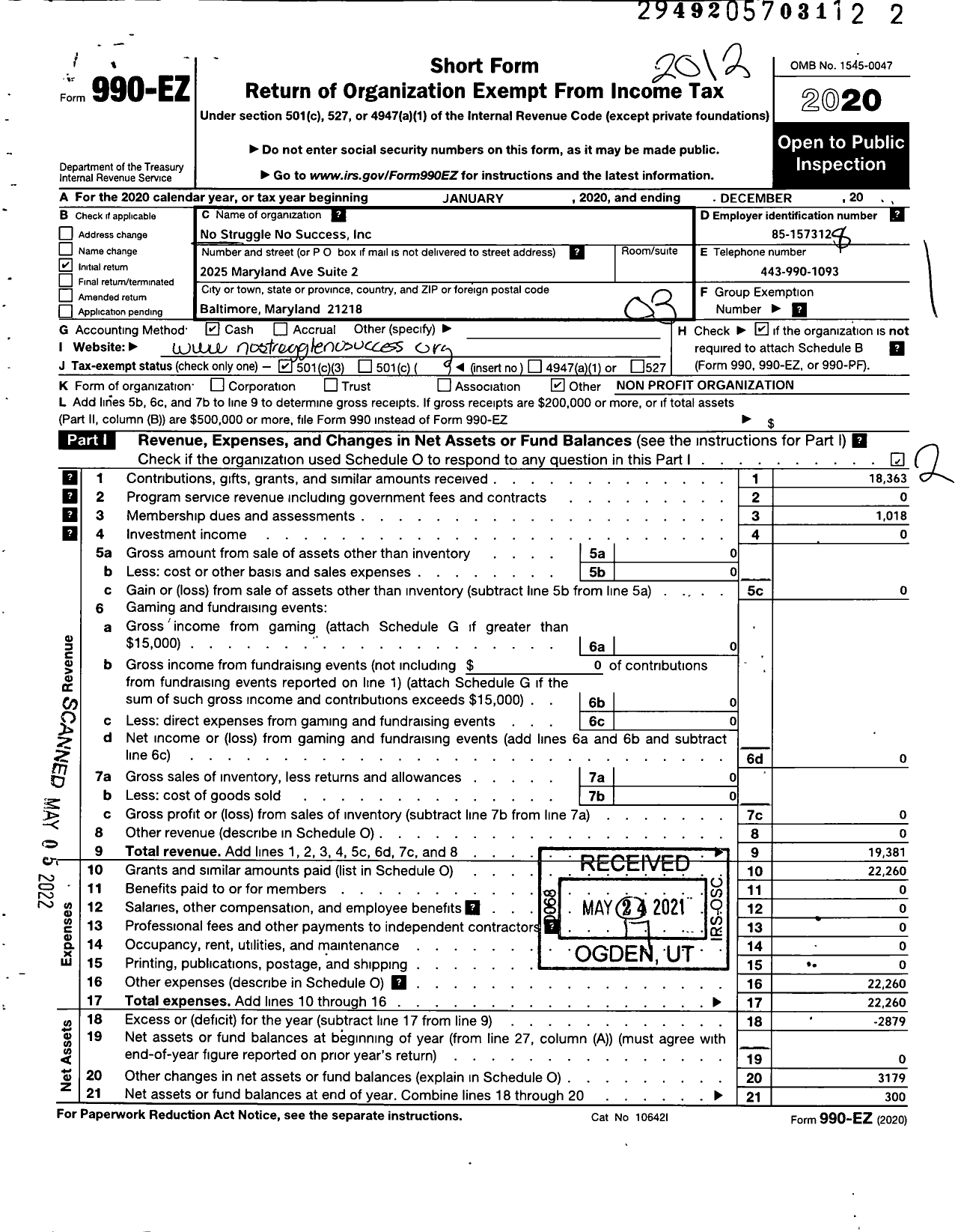 Image of first page of 2020 Form 990EZ for No Struggle No Success