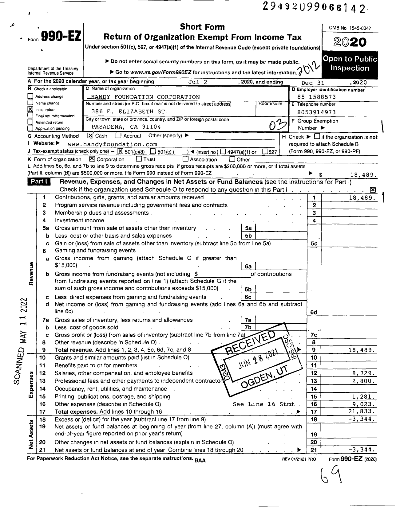 Image of first page of 2020 Form 990EZ for Handy Foundation Corporation