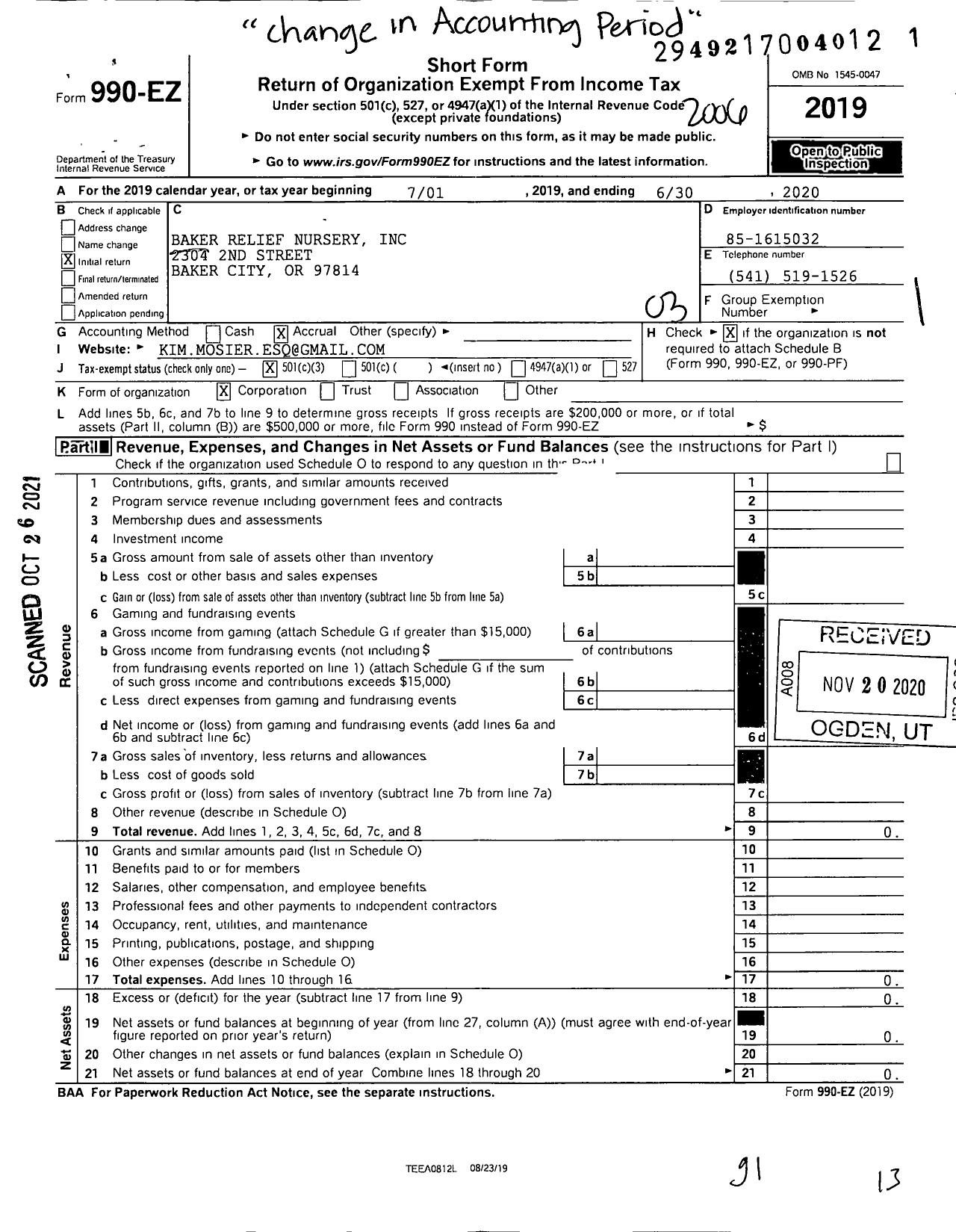 Image of first page of 2019 Form 990EZ for Baker Relief Nursery