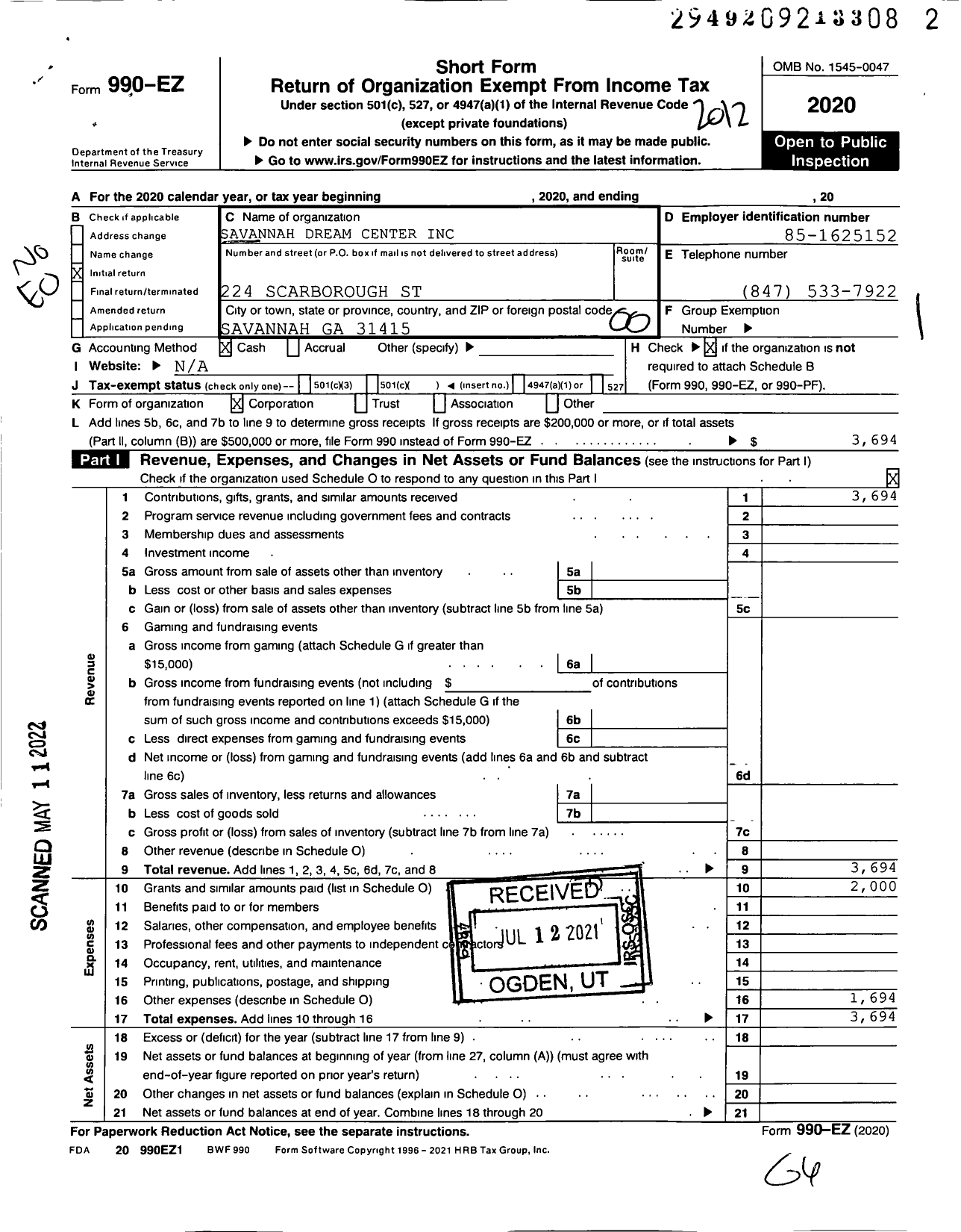 Image of first page of 2020 Form 990EO for Savannah Dream Center