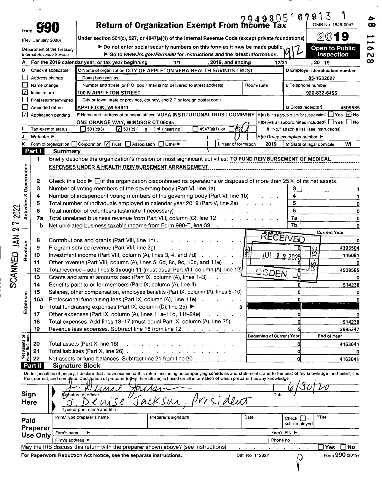 Image of first page of 2019 Form 990O for City of Appleton Veba Health Savings Trust