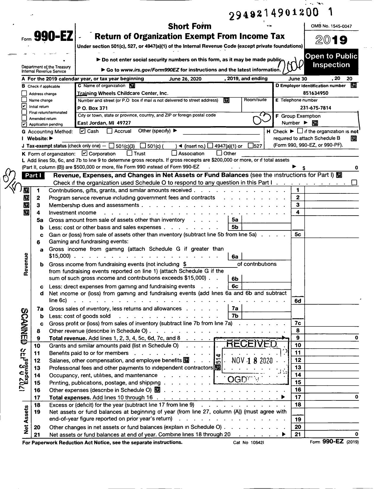 Image of first page of 2019 Form 990EZ for Training Wheels Childcare Center