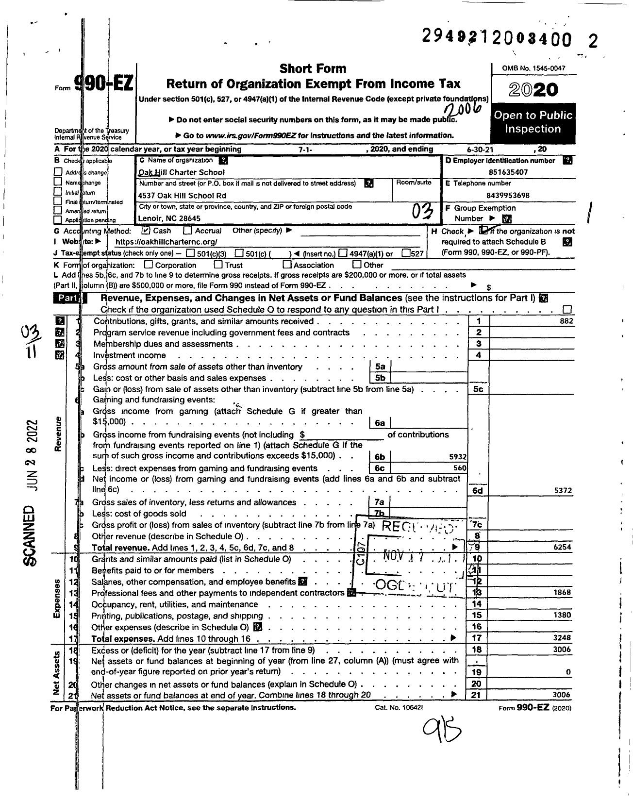 Image of first page of 2020 Form 990EZ for Oak Hill Charter School