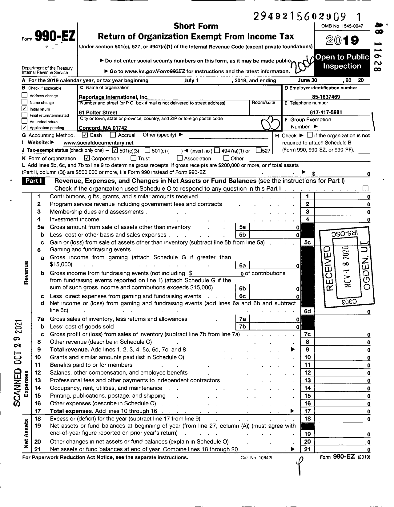 Image of first page of 2019 Form 990EZ for Reportage International