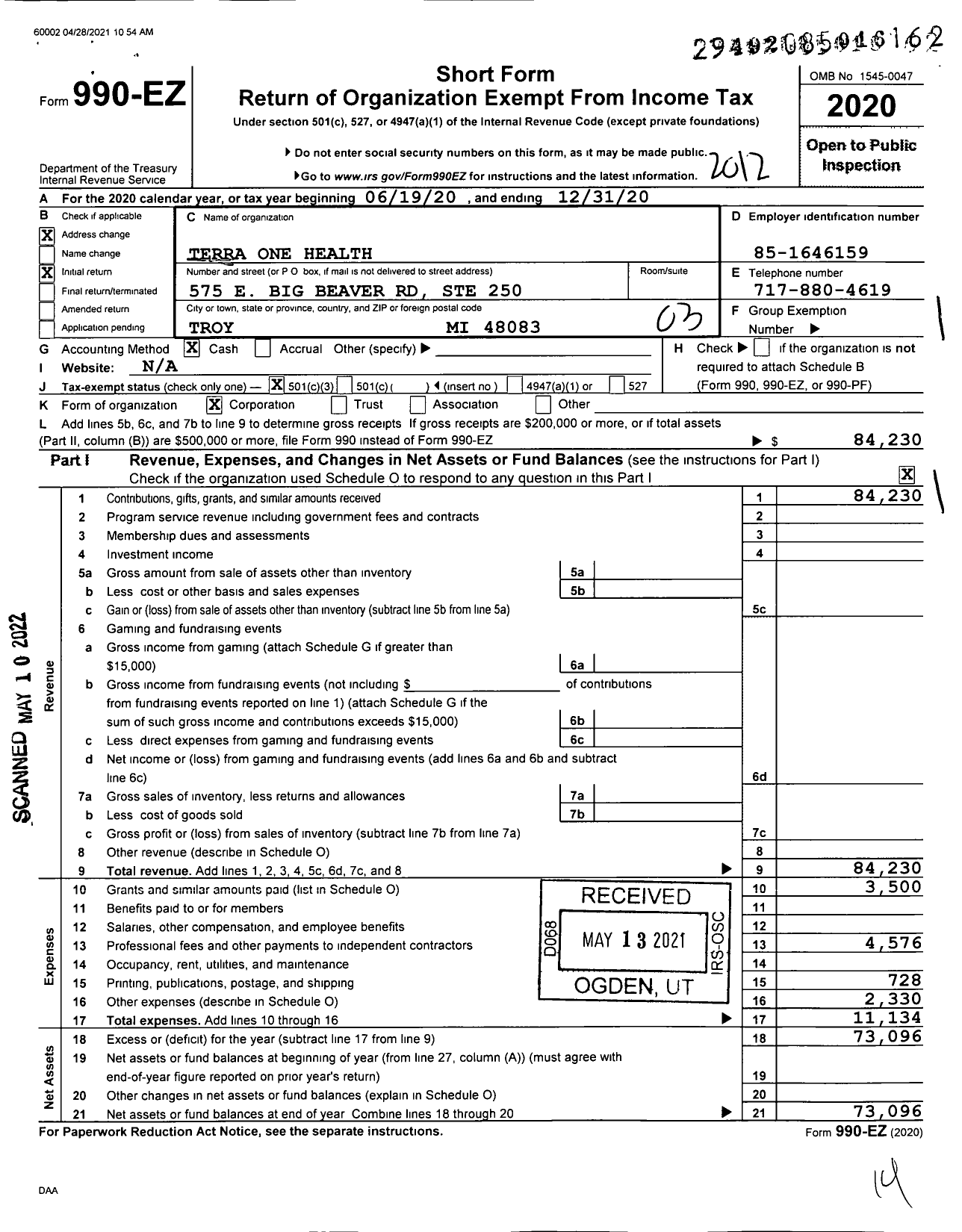 Image of first page of 2020 Form 990EZ for Terra One Health