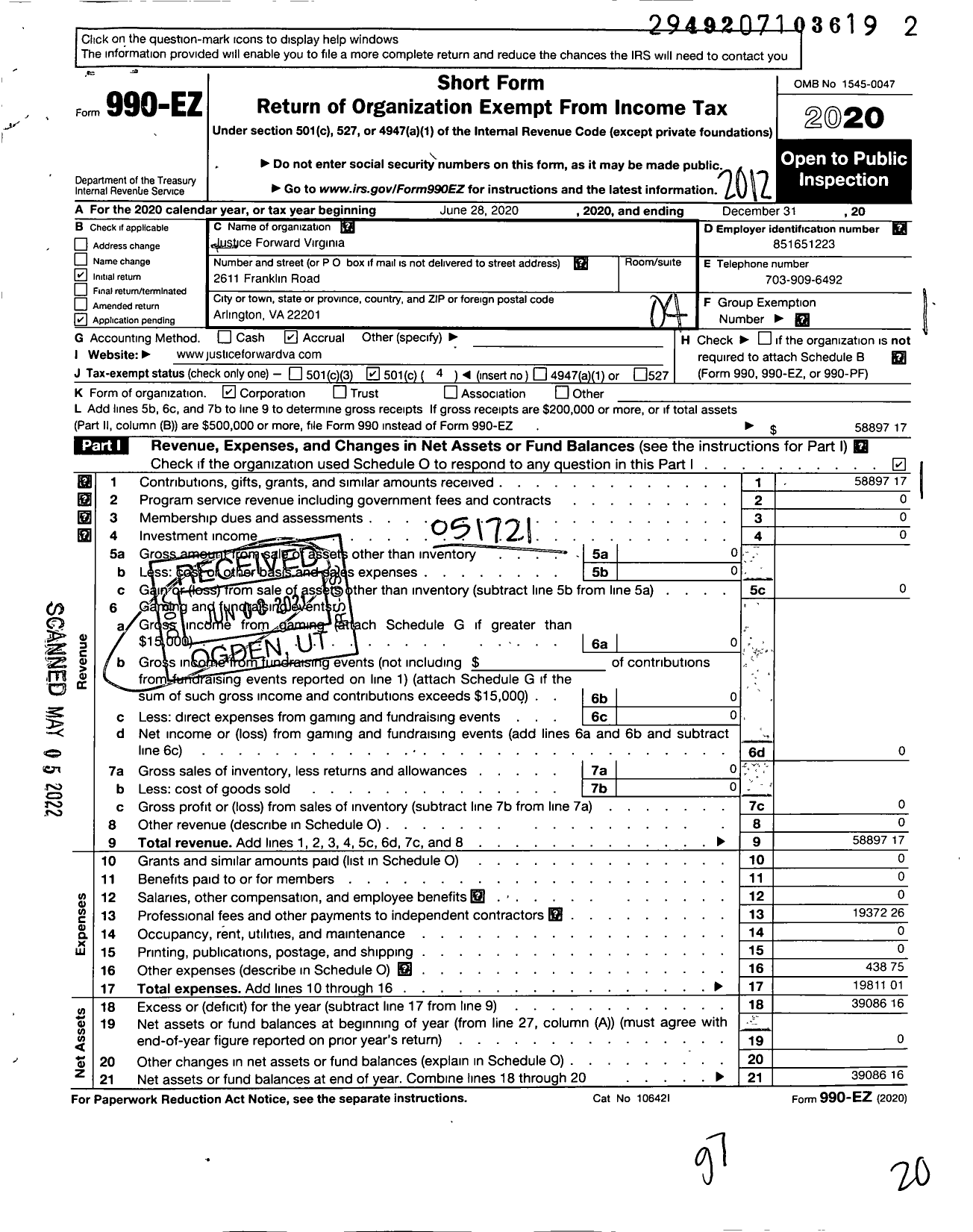 Image of first page of 2020 Form 990EO for Justice Forward Virginia