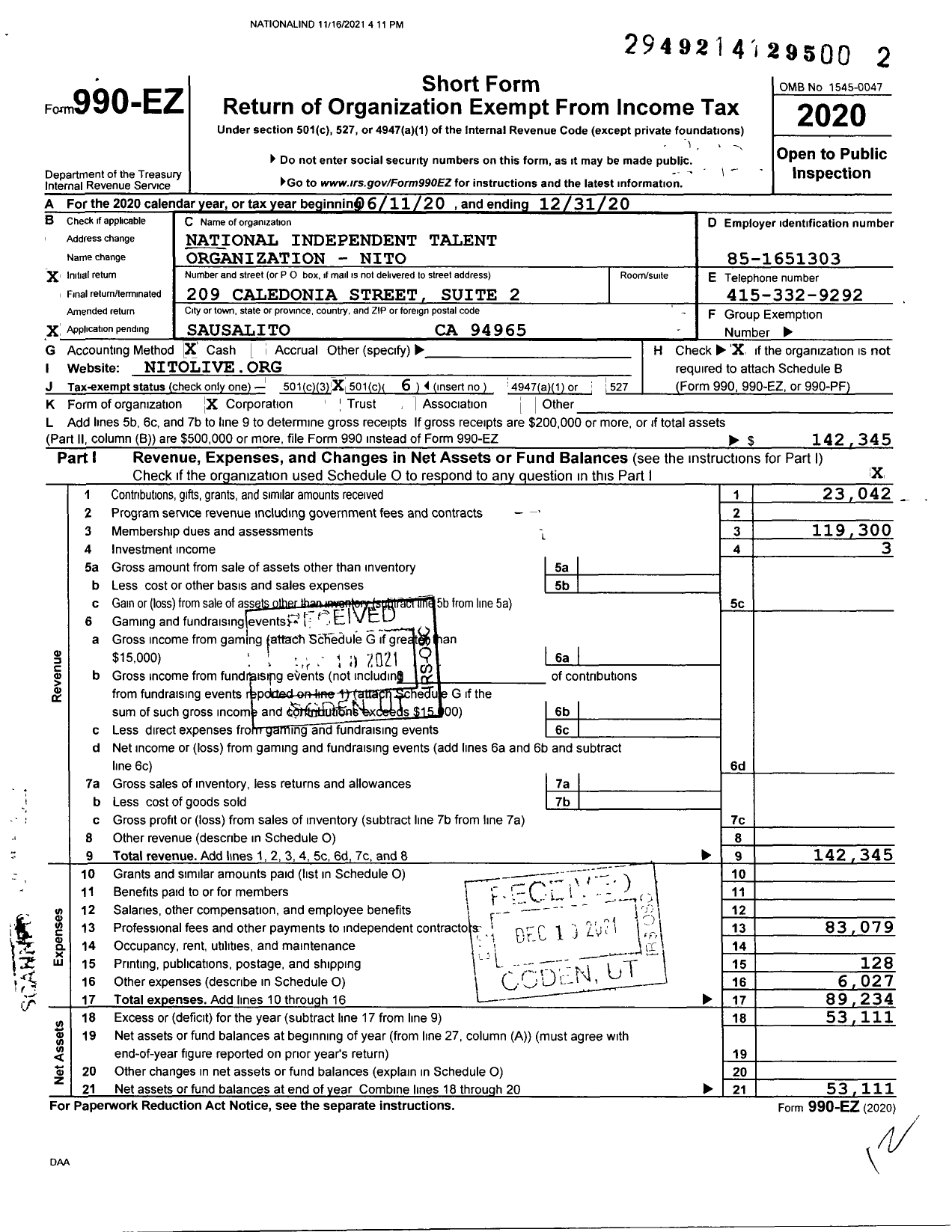 Image of first page of 2020 Form 990EO for National Independent Talent Organization (NITO)