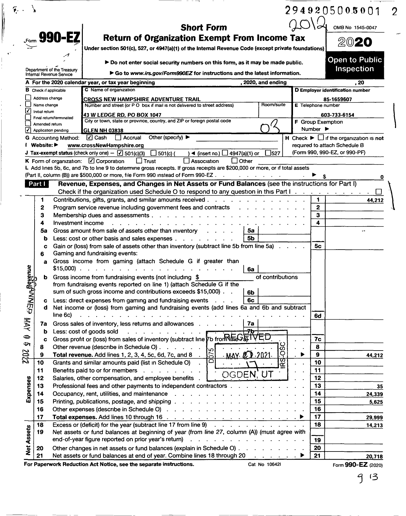 Image of first page of 2020 Form 990EZ for Cross New Hampshire Adventure Trail