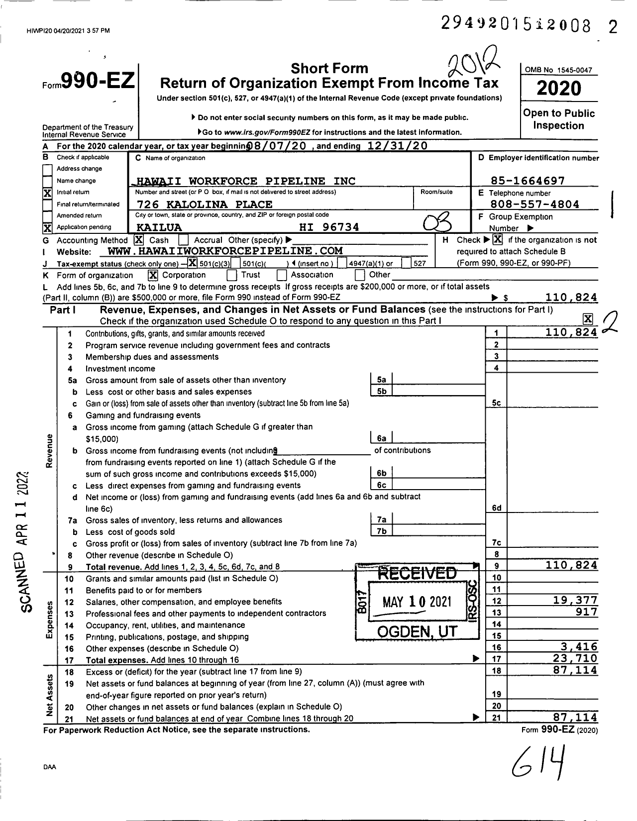 Image of first page of 2020 Form 990EZ for Hawaii Workforce Pipeline