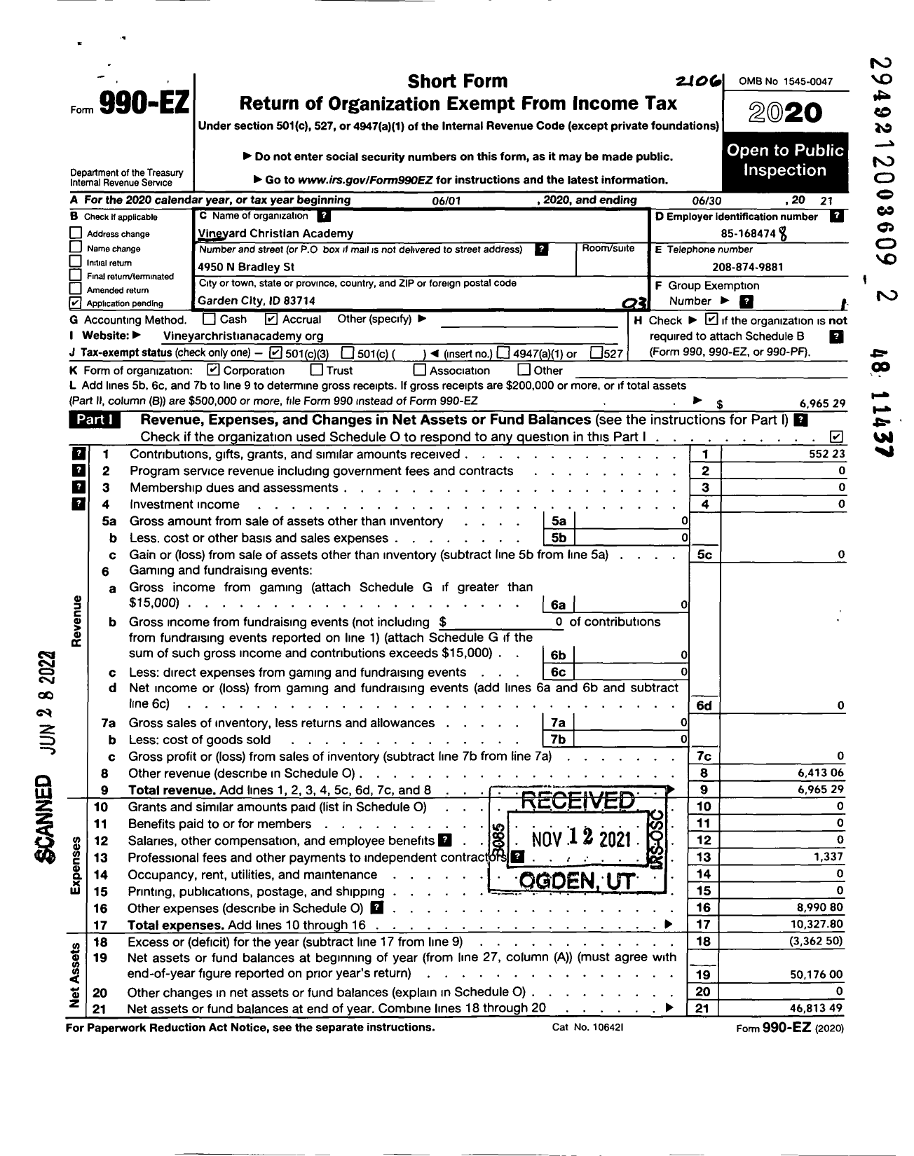 Image of first page of 2020 Form 990EZ for Calvary Meridian Prep Academy