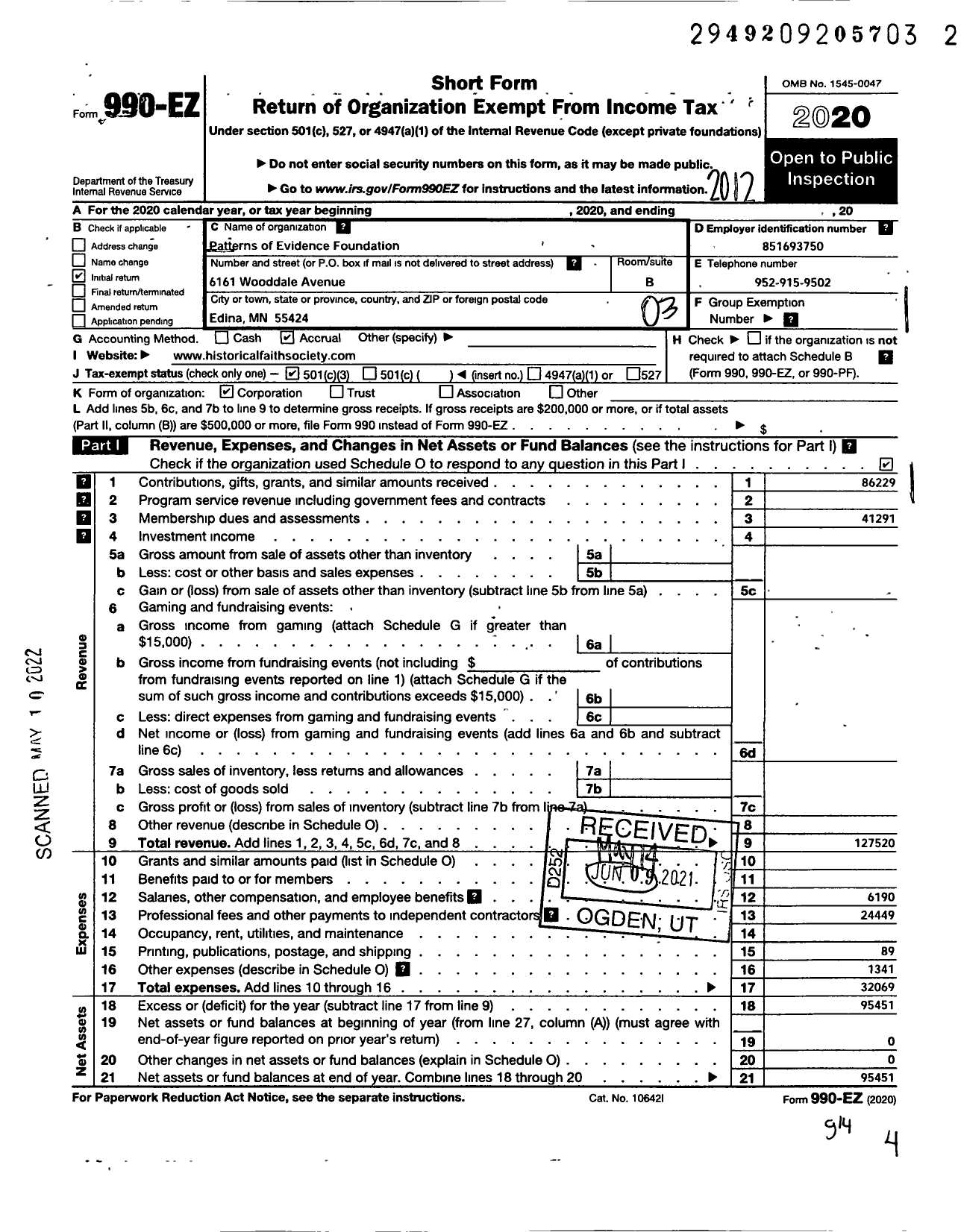 Image of first page of 2020 Form 990EZ for Patterns of Evidence Foundation