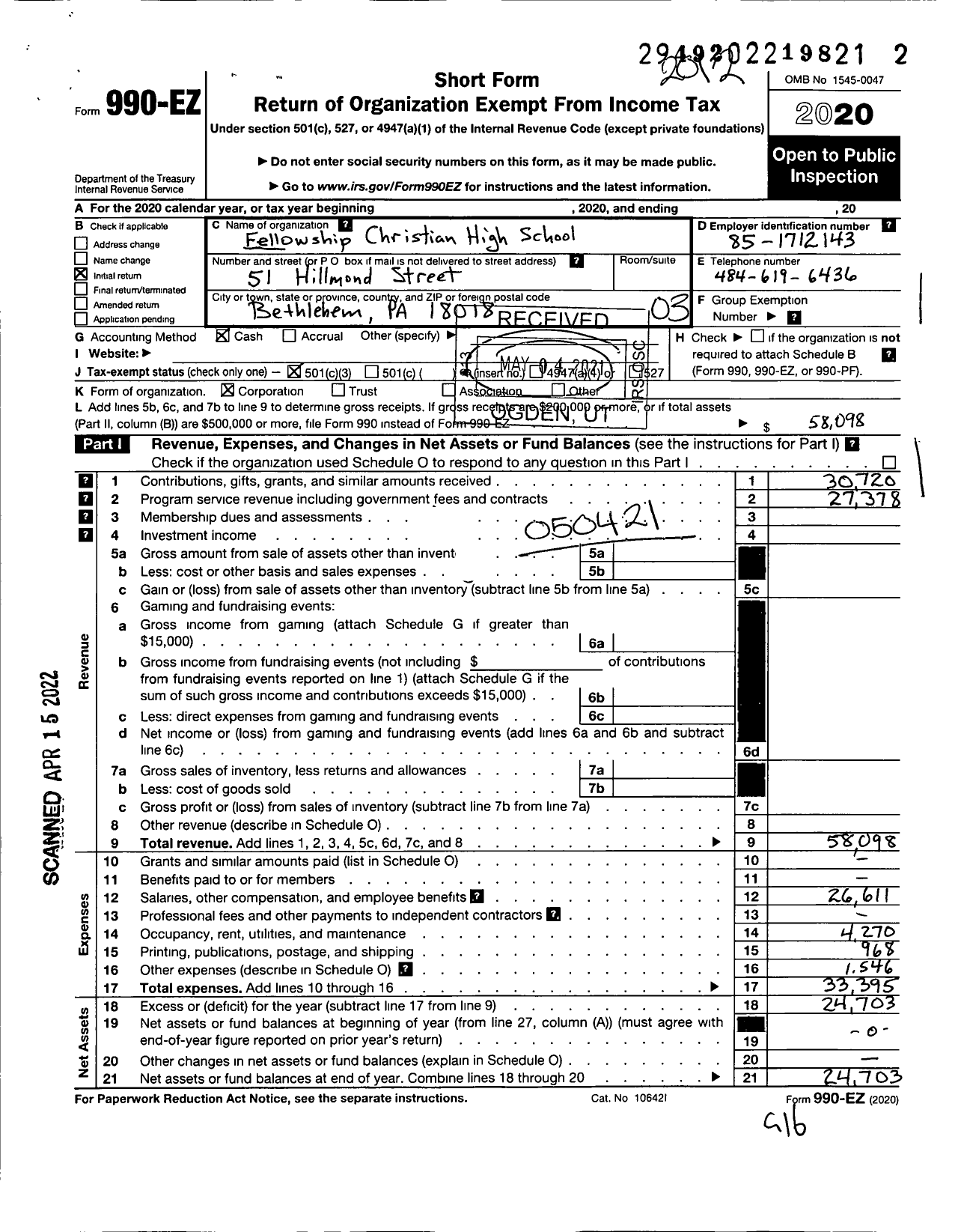 Image of first page of 2020 Form 990EZ for Fellowship Christian High School