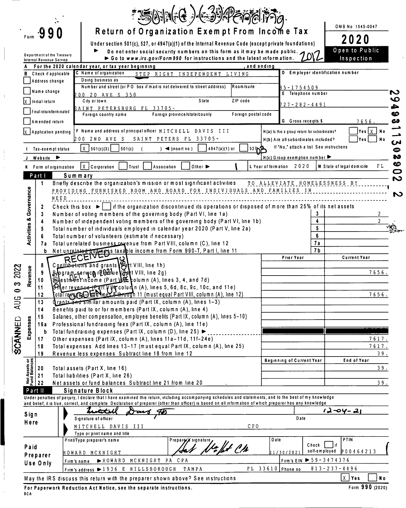 Image of first page of 2020 Form 990 for Step Right Independent Living