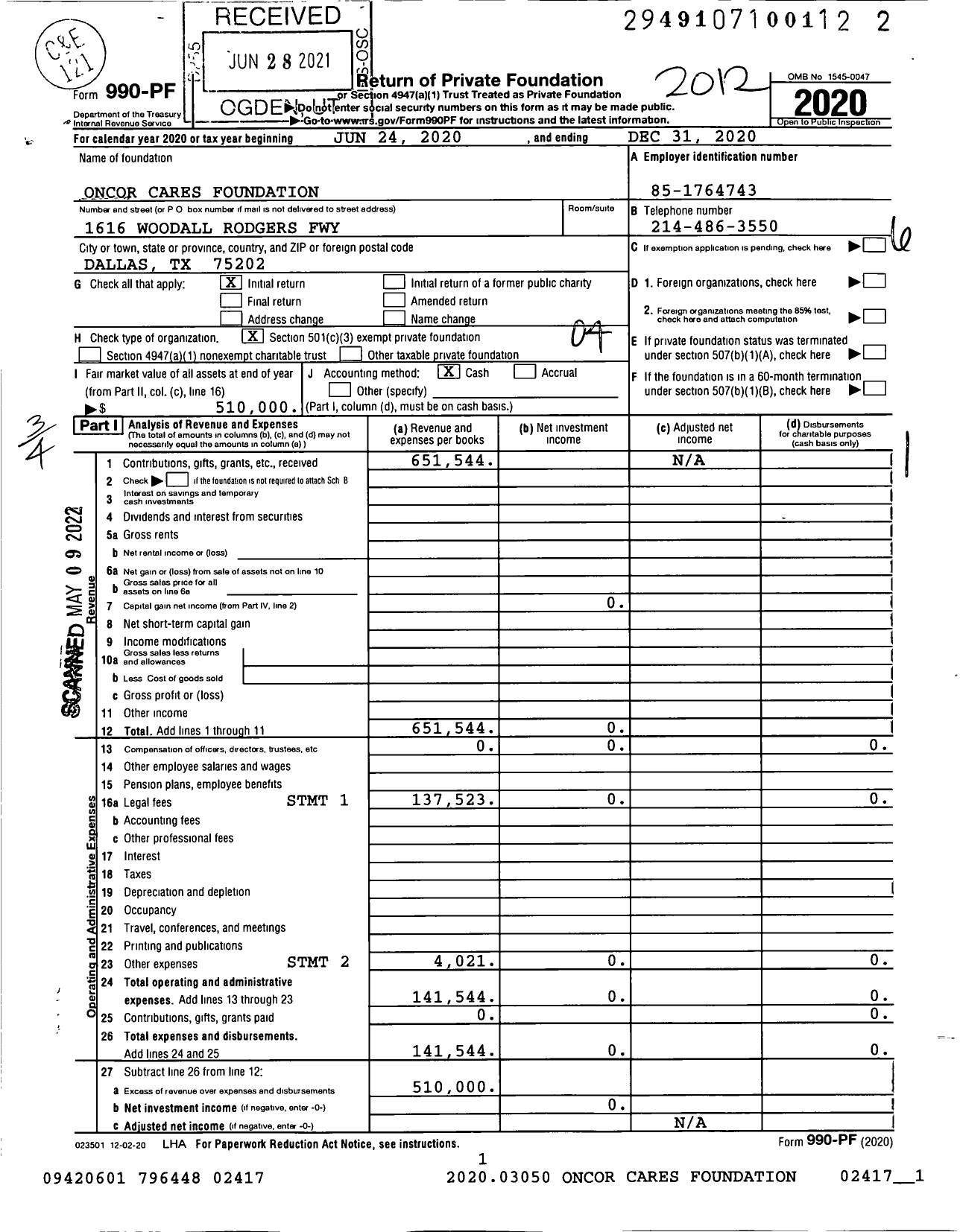 Image of first page of 2020 Form 990PF for Oncor Cares Foundation