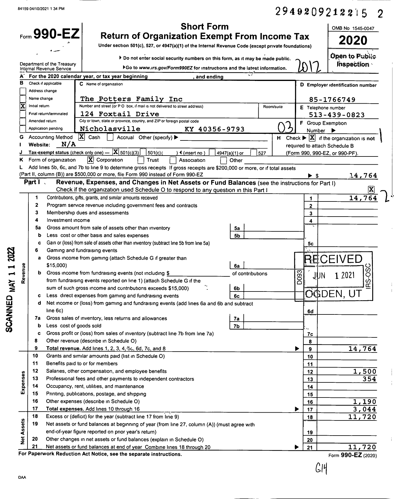 Image of first page of 2020 Form 990EZ for Potters Family