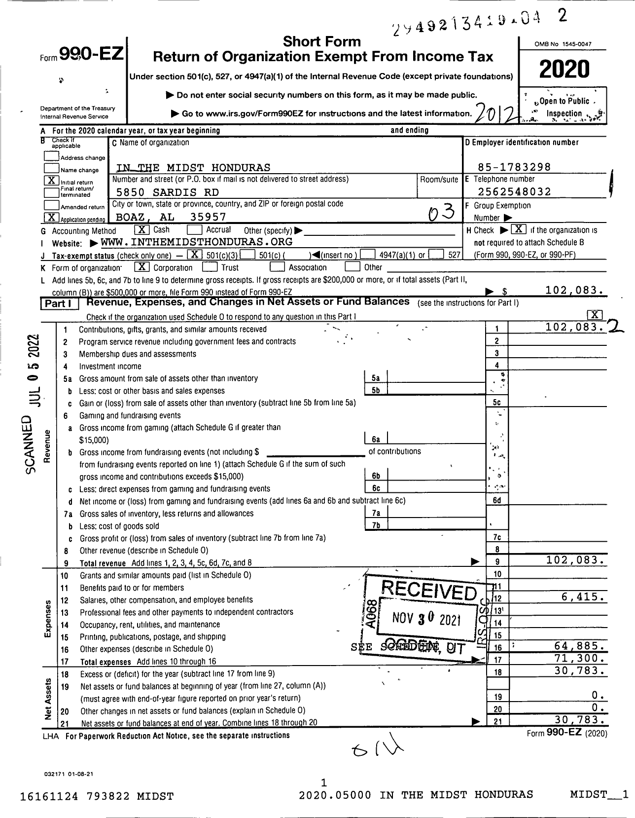 Image of first page of 2020 Form 990EZ for In the Midst Honduras