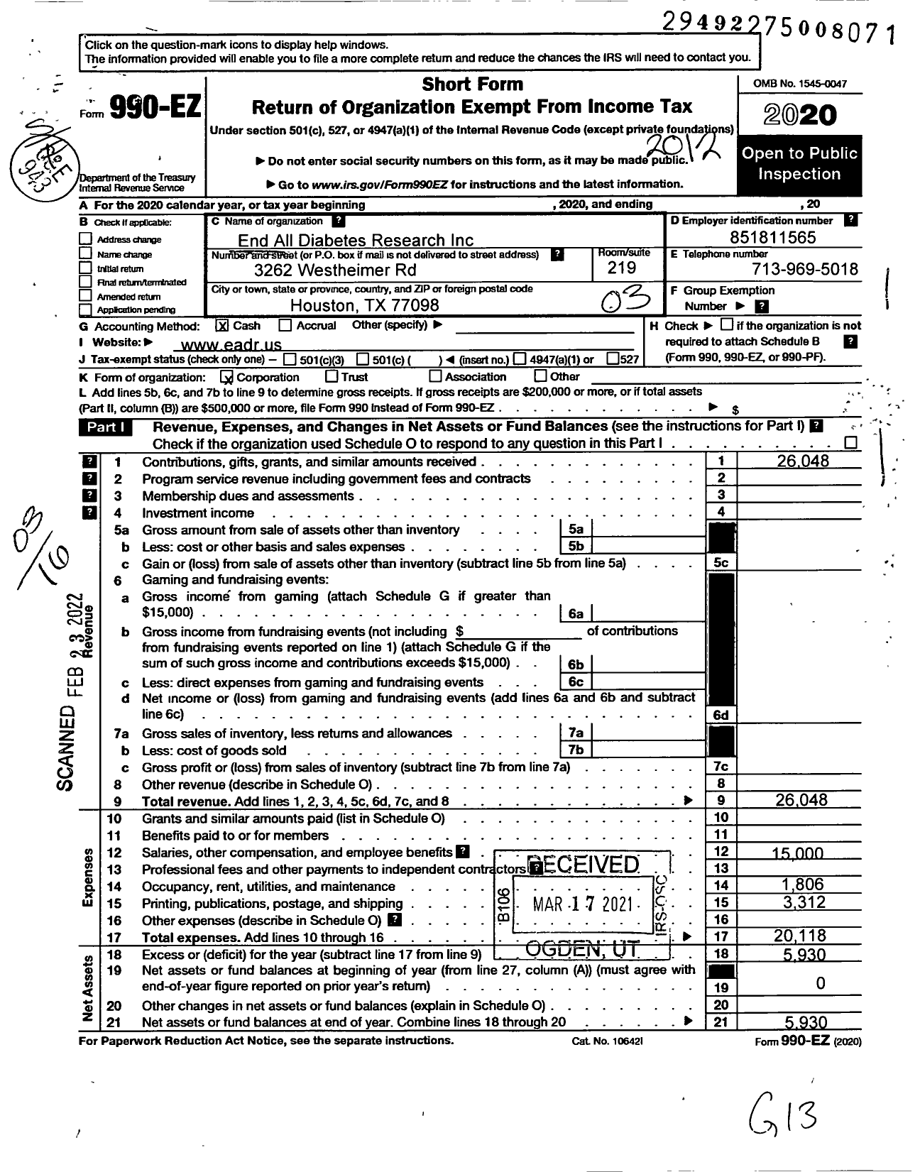 Image of first page of 2020 Form 990EZ for End All Diabetes Research