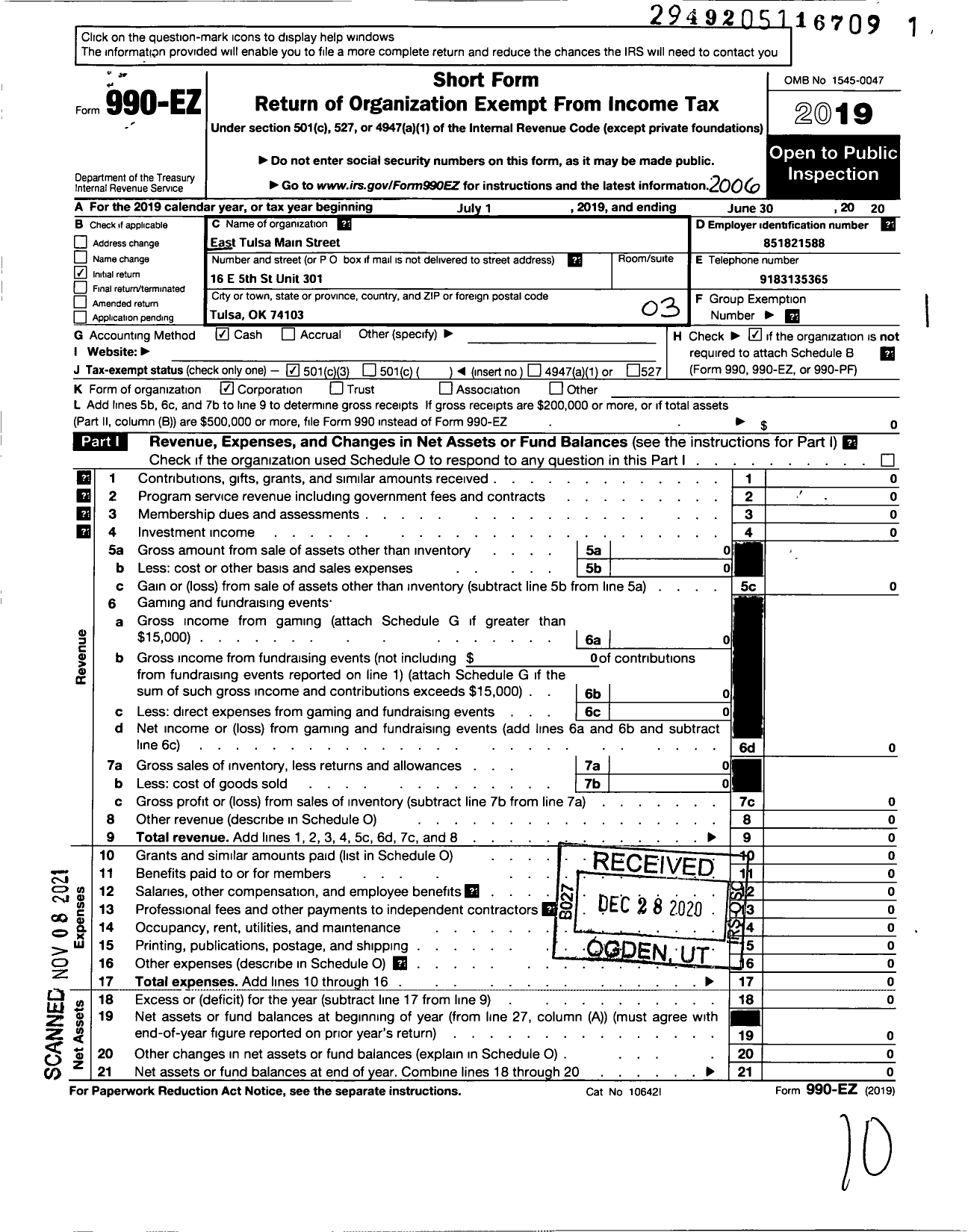 Image of first page of 2019 Form 990EZ for Tulsa Global District