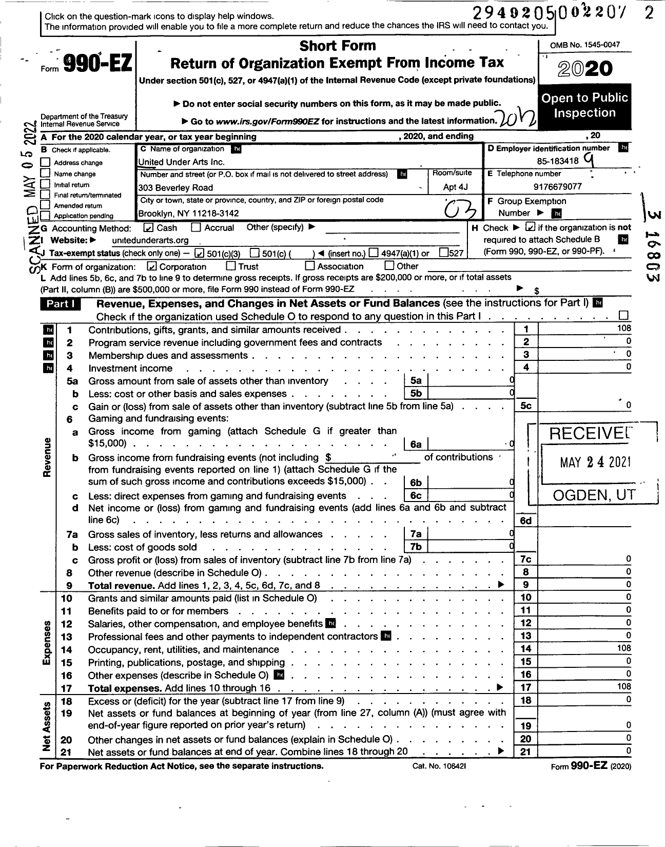 Image of first page of 2020 Form 990EZ for United Under Arts