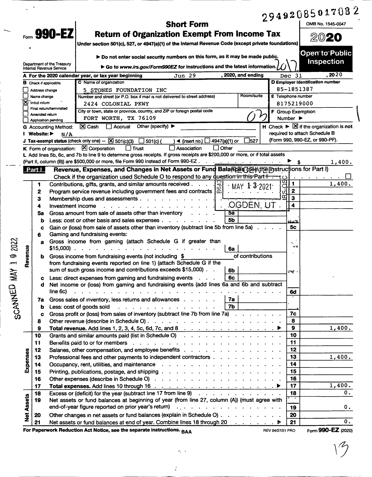Image of first page of 2020 Form 990EZ for 5 Stones Foundation