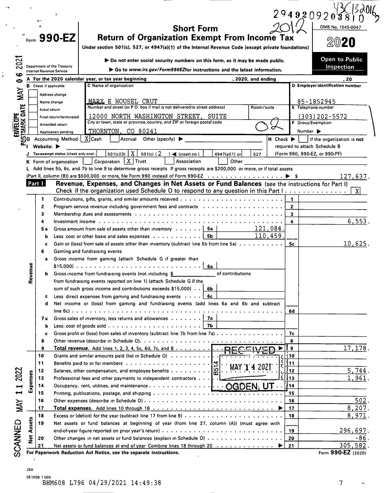 Image of first page of 2020 Form 990EO for Mary E Housel Foundation