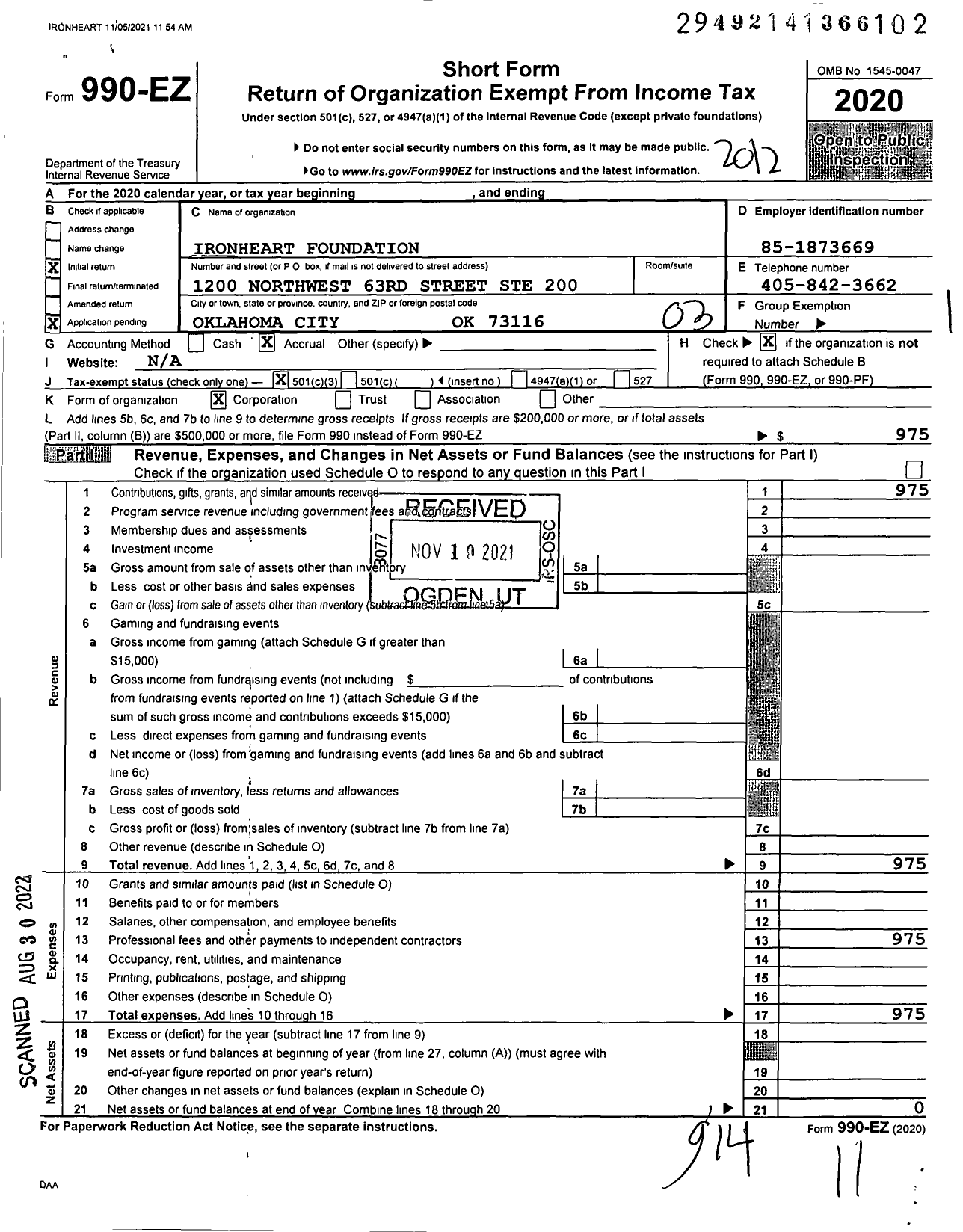 Image of first page of 2020 Form 990EZ for Ironheart Foundation