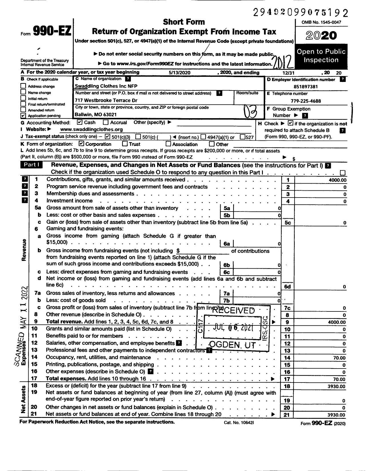 Image of first page of 2020 Form 990EZ for Swaddling Clothes Inc NFP