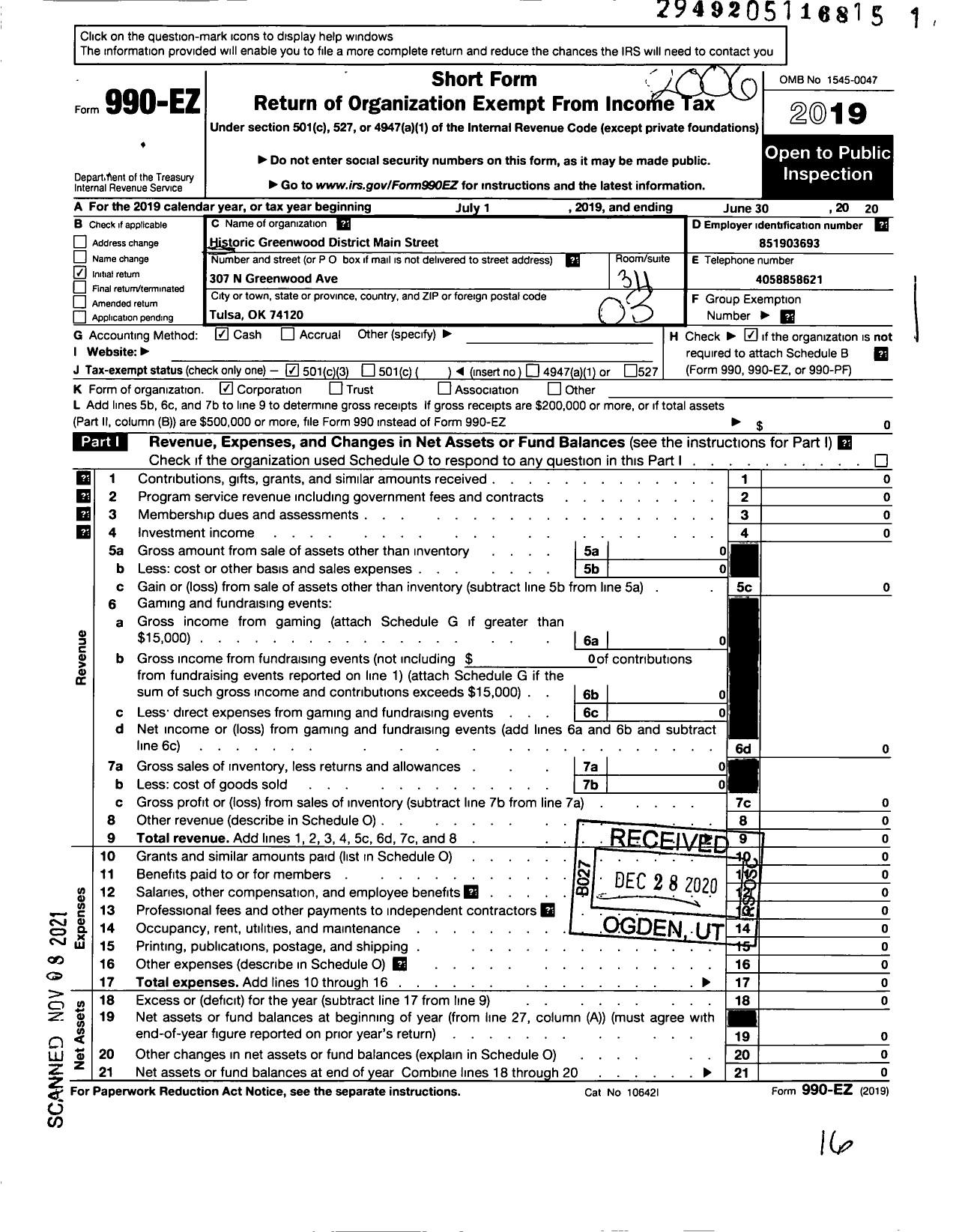 Image of first page of 2019 Form 990EZ for Historic Greenwood District Main St