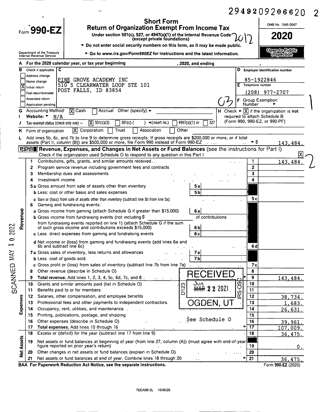 Image of first page of 2020 Form 990EZ for Pine Grove Academy