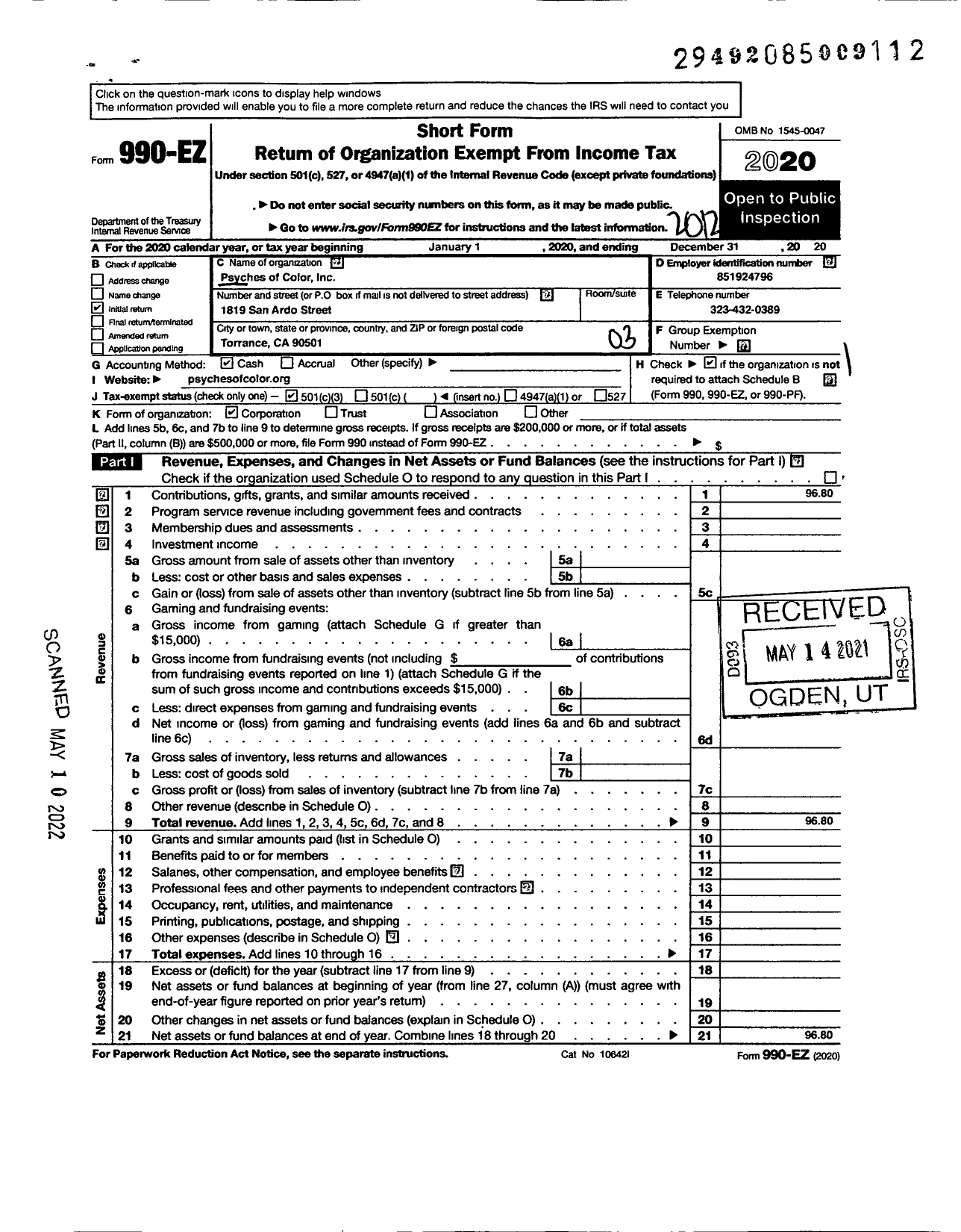 Image of first page of 2020 Form 990EZ for Psyches of Color