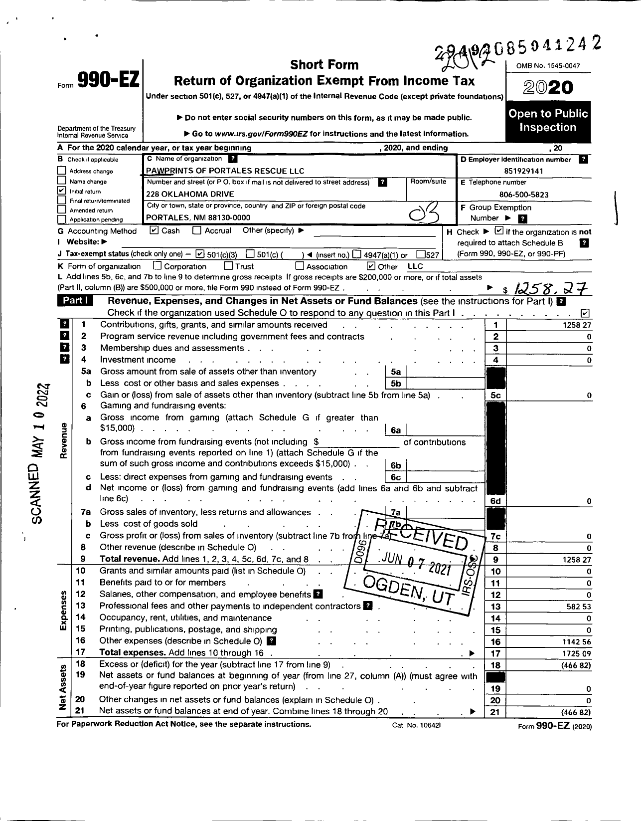 Image of first page of 2020 Form 990EZ for Pawprints of Portales Rescue