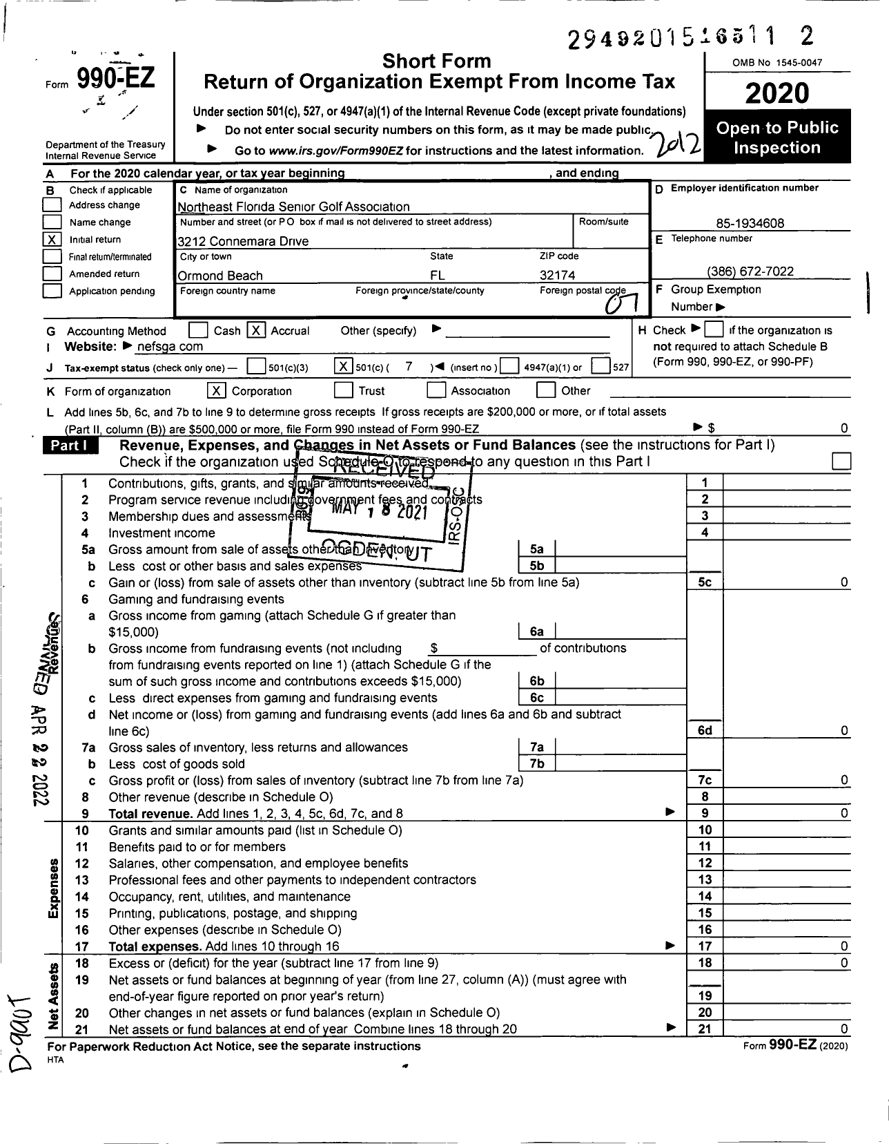 Image of first page of 2020 Form 990EO for Northeast East Florida Senior Golf Association