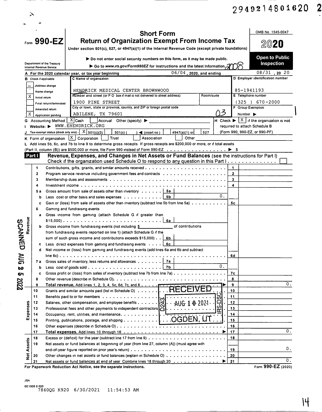 Image of first page of 2019 Form 990EZ for Hendrick Medical Center Brownwood