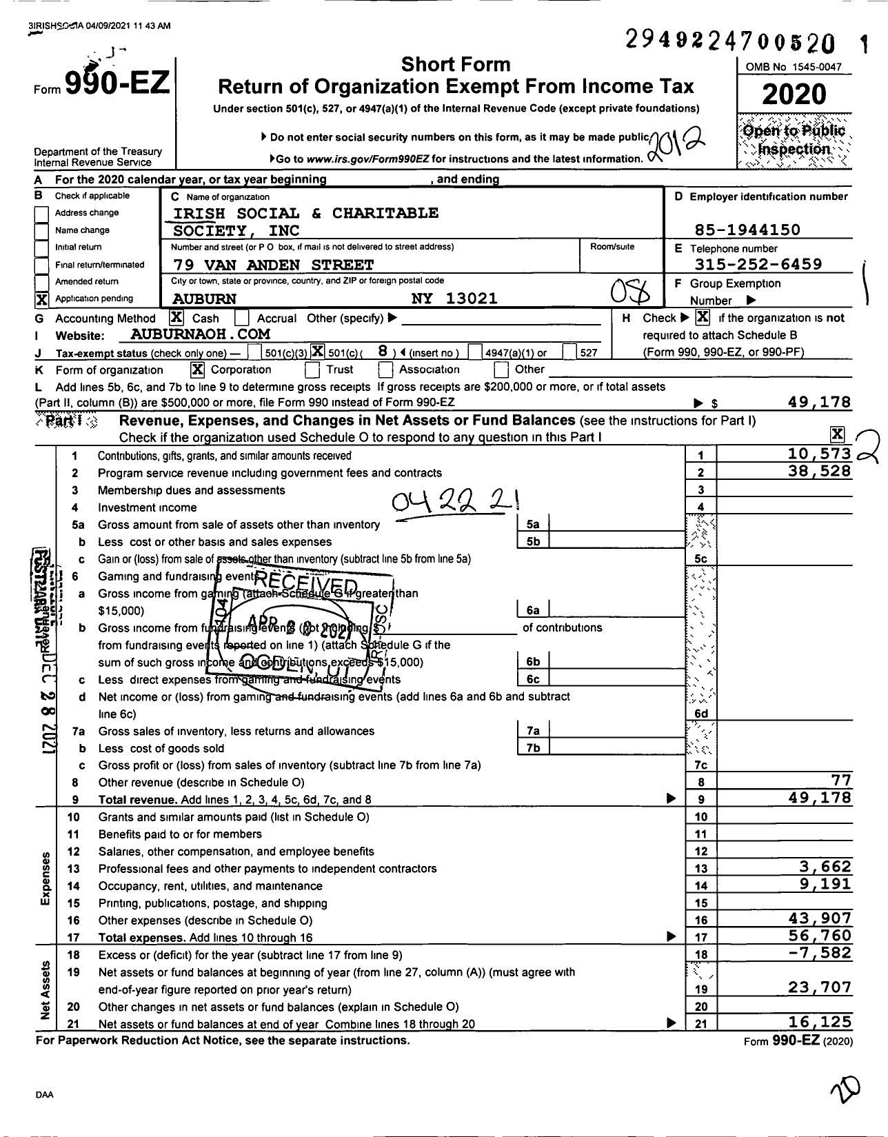 Image of first page of 2020 Form 990EO for Irish Social and Charitable Society