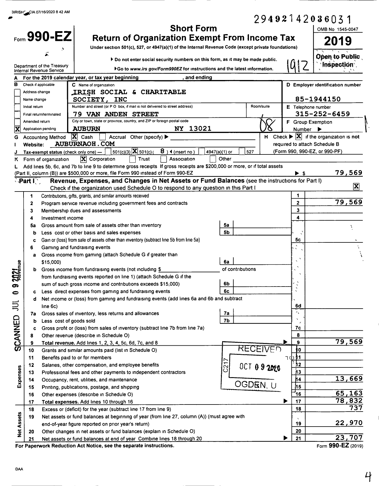 Image of first page of 2019 Form 990EO for Irish Social and Charitable Society