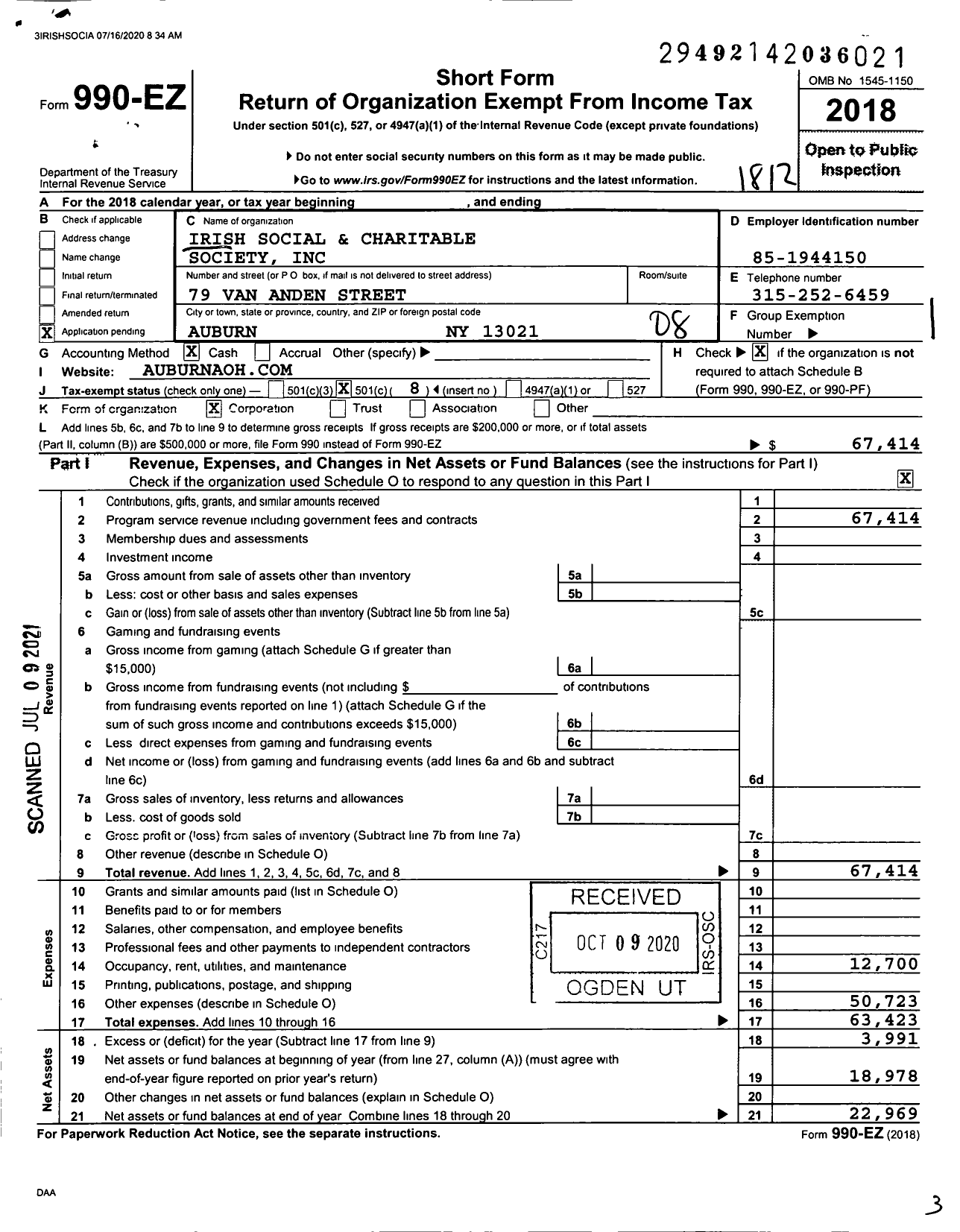 Image of first page of 2018 Form 990EO for Irish Social and Charitable Society