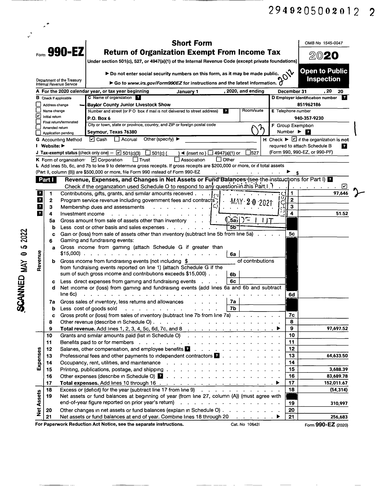 Image of first page of 2020 Form 990EZ for Baylor County Junior Livestock Show