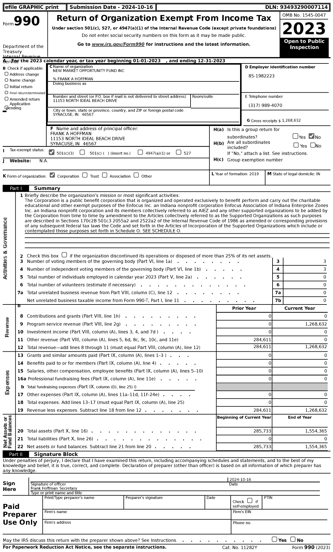 Image of first page of 2023 Form 990 for New Market Opportunity Fund