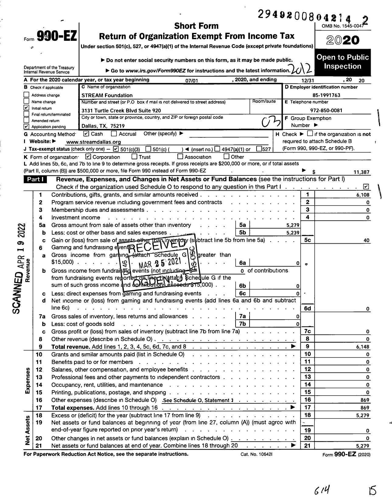 Image of first page of 2020 Form 990EZ for Stream Foundation