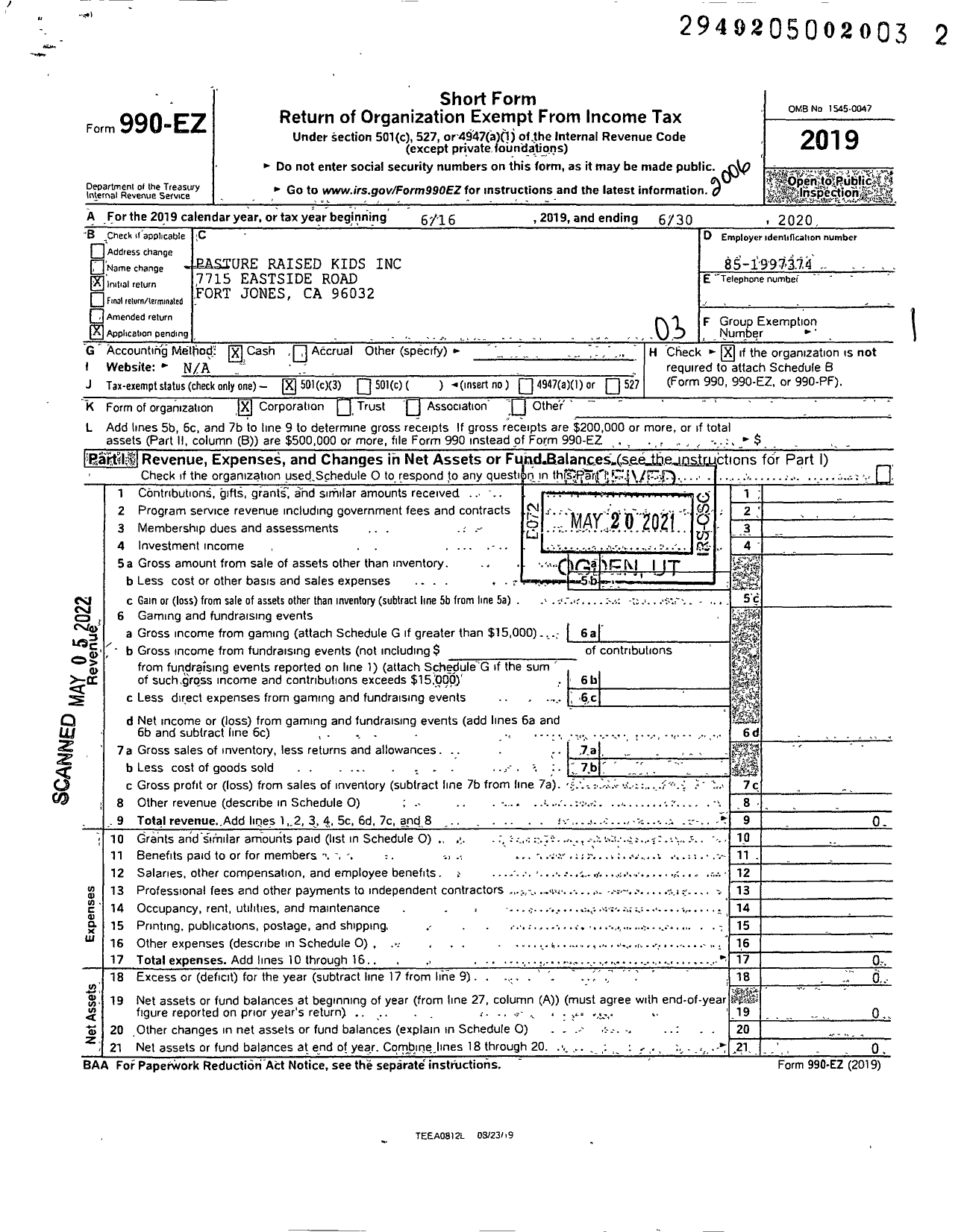 Image of first page of 2019 Form 990EZ for Pasture Raised Kids