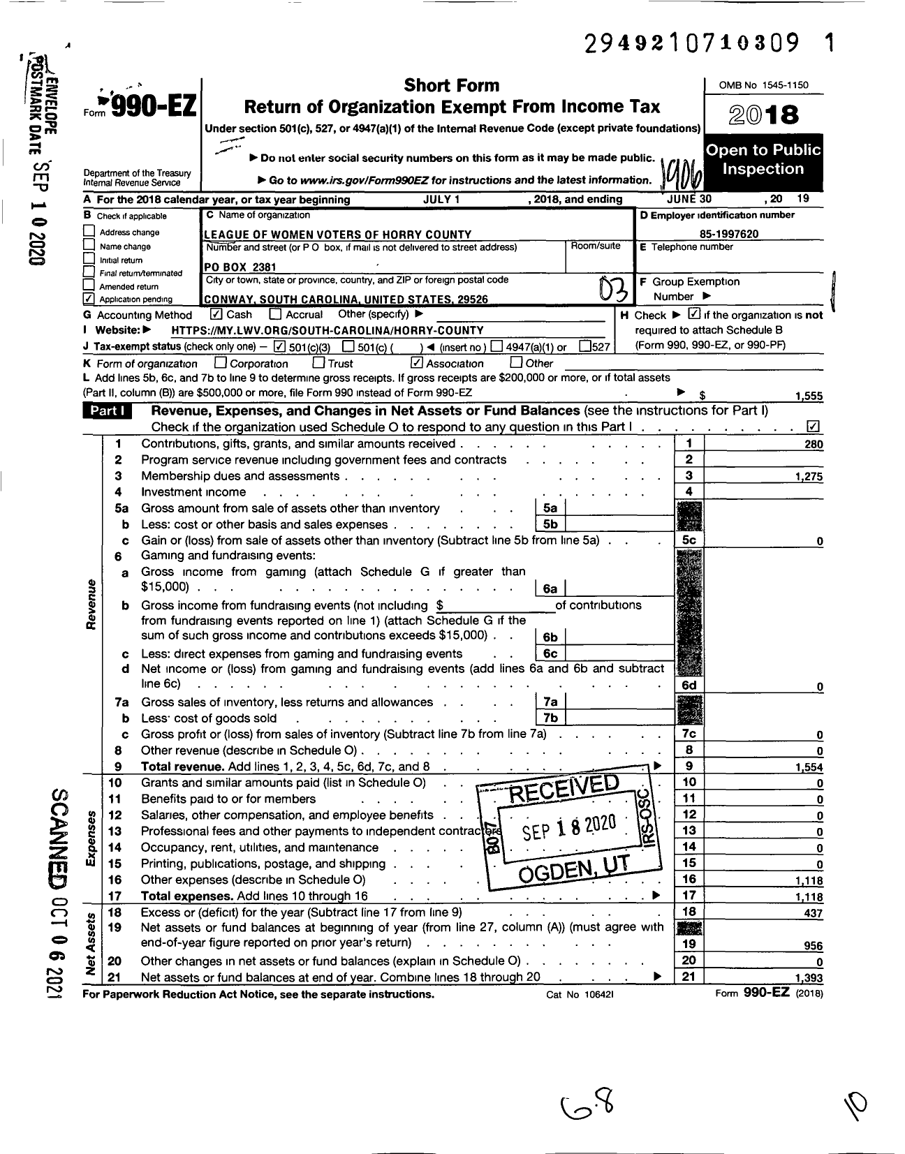 Image of first page of 2018 Form 990EZ for LWV of Horry County