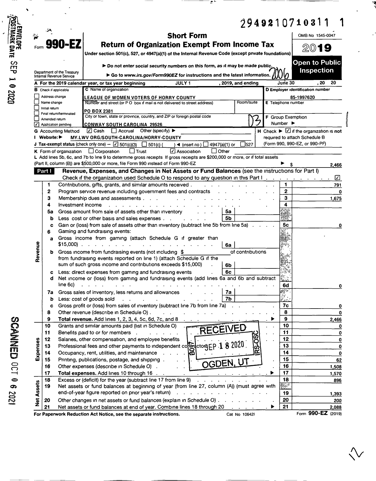 Image of first page of 2019 Form 990EZ for LWV of Horry County